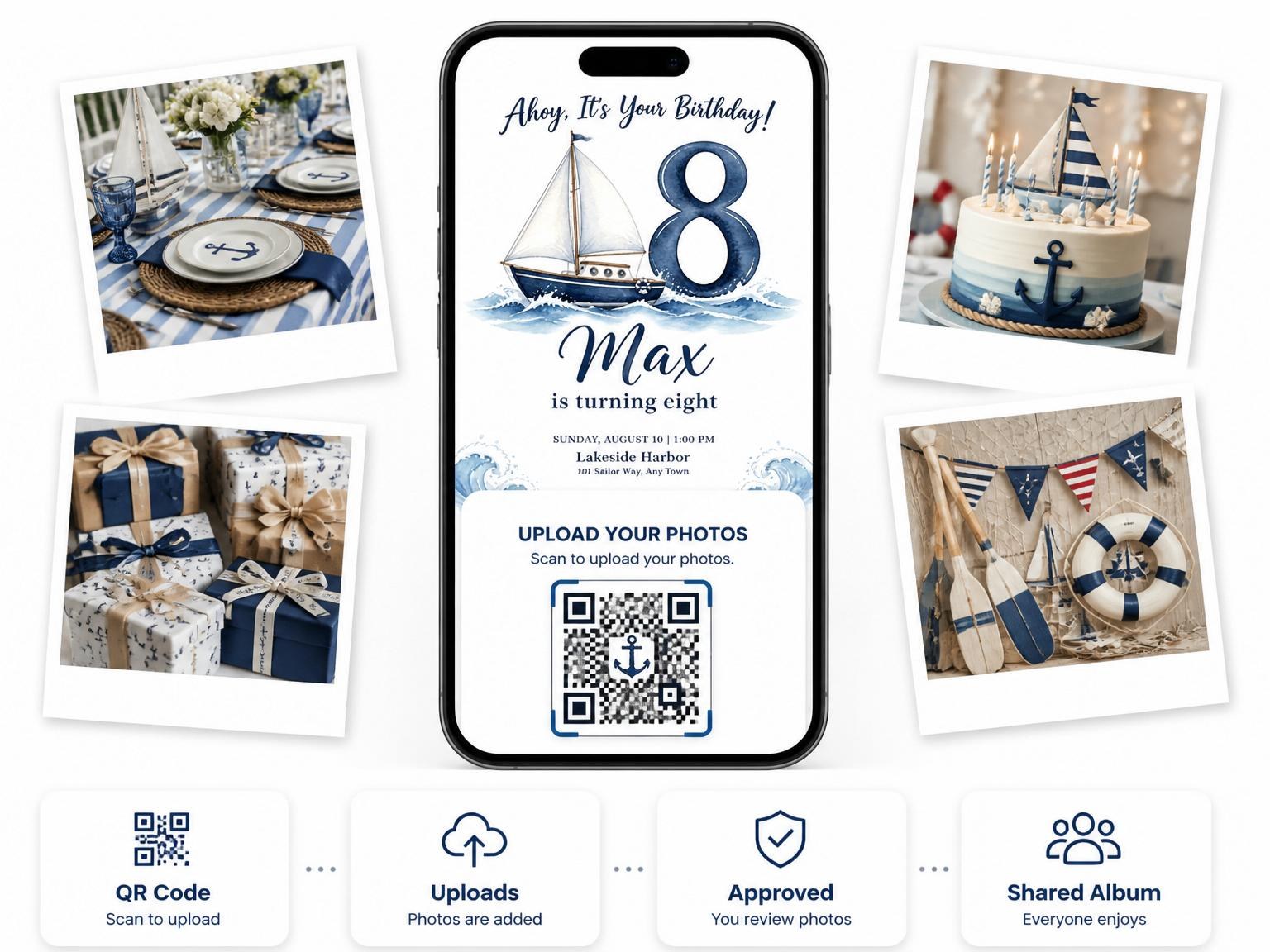The shared photo gallery that comes with the Navy Watercolor Sailboat 8th Birthday invitation