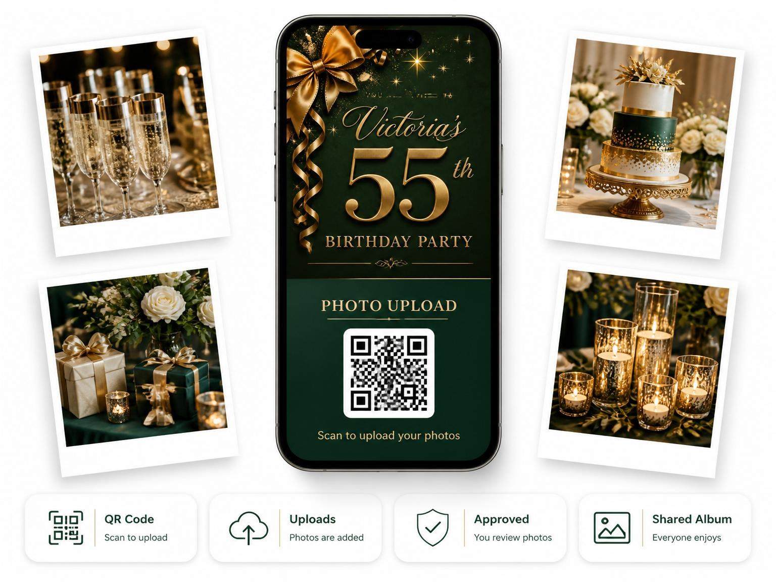 The shared photo gallery that comes with the Emerald Green Bronze Ribbon 55th Birthday invitation