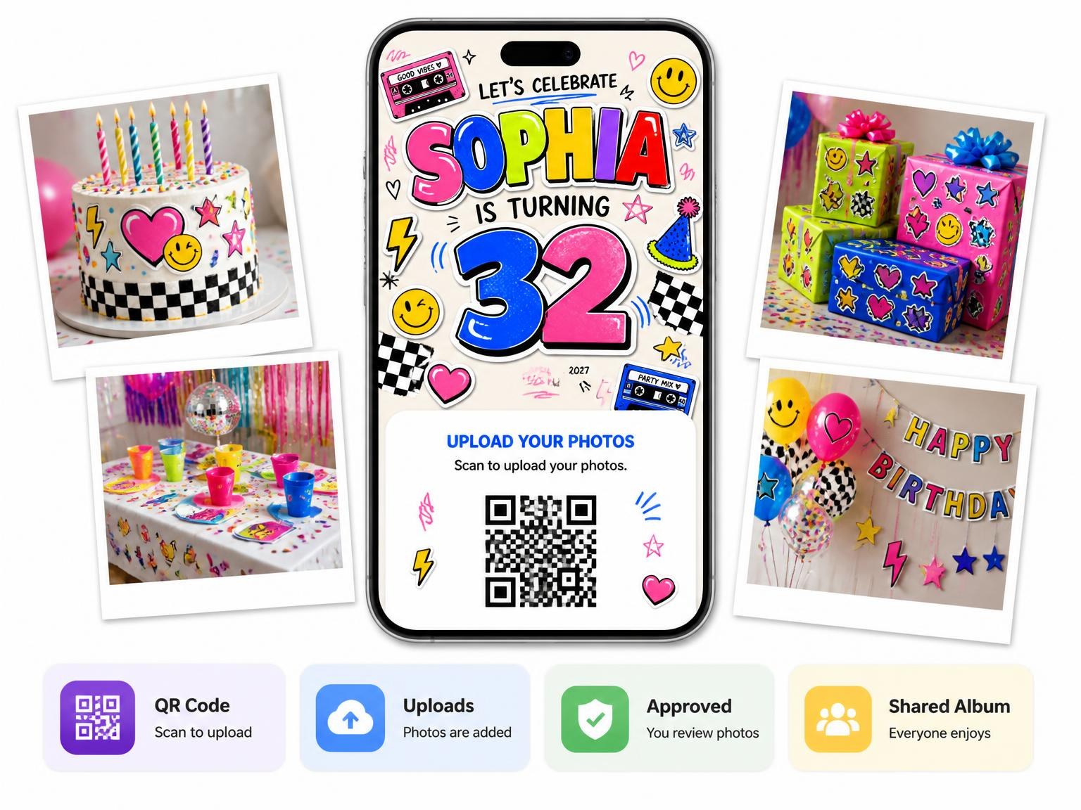 The shared photo gallery that comes with the Sticker Pop 32nd Birthday Invitation invitation
