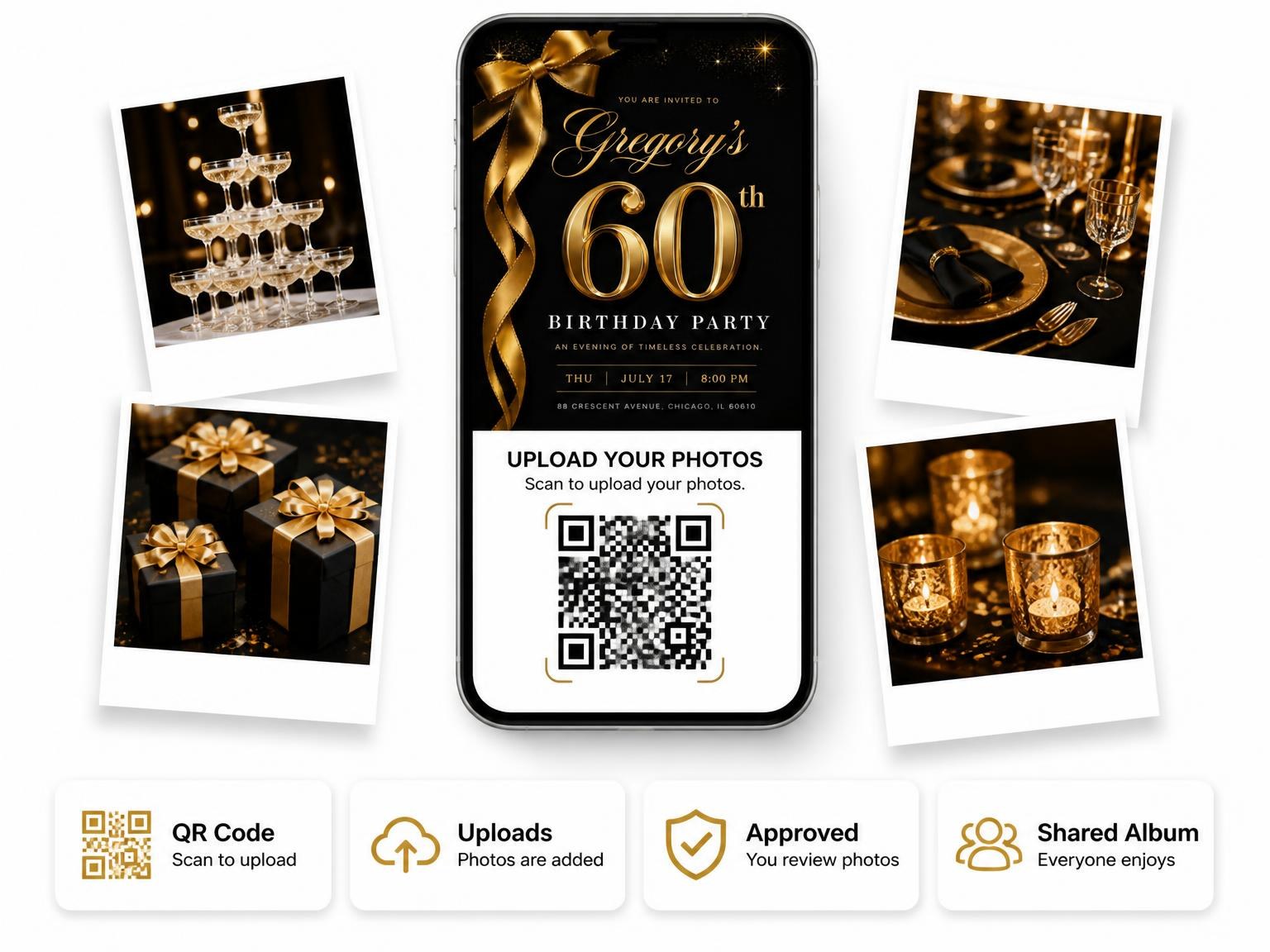 The shared photo gallery that comes with the Black and Gold Ribbon 60th Birthday invitation