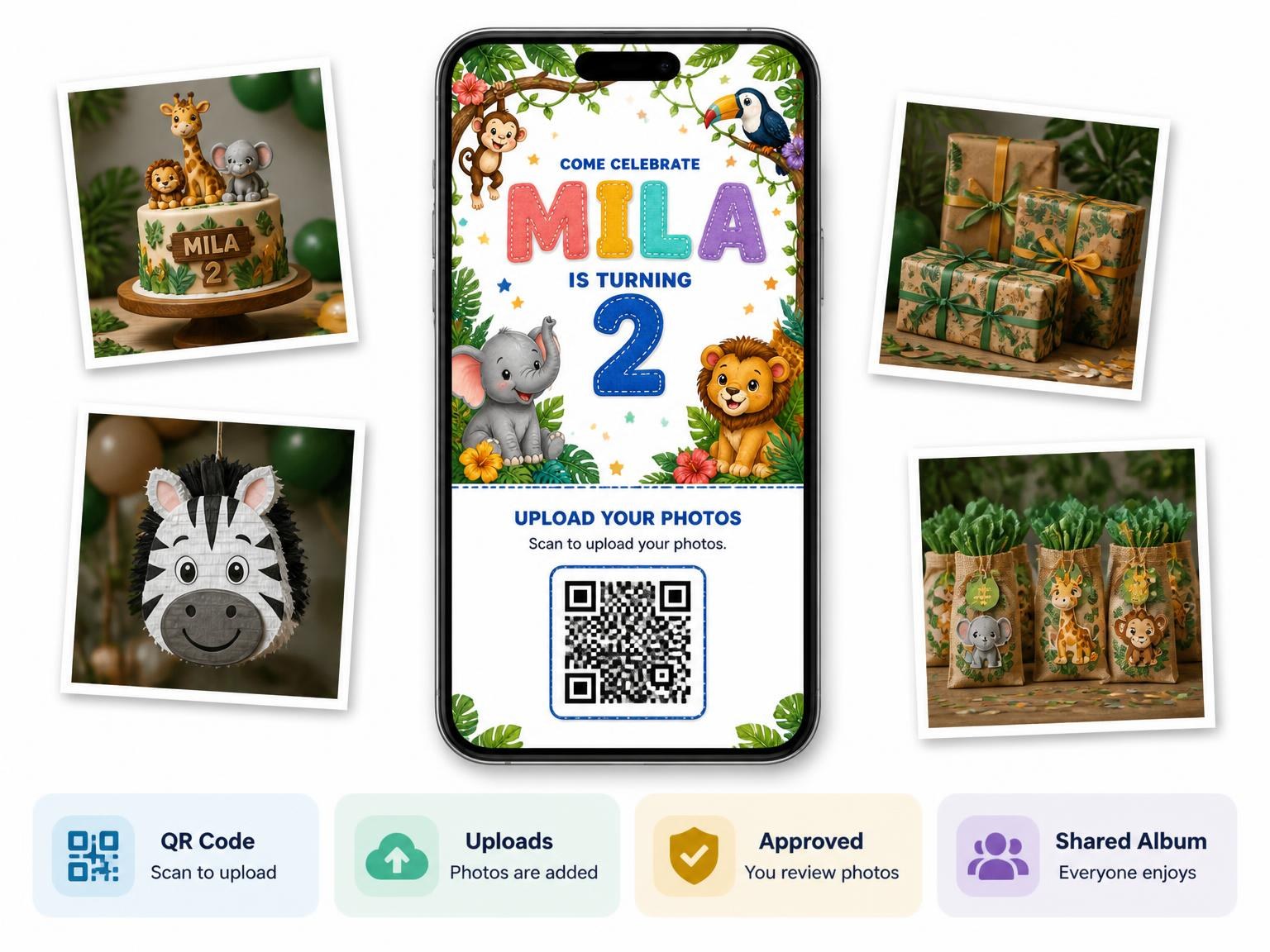 The shared photo gallery that comes with the Stitched Safari 2nd Birthday Invitation invitation