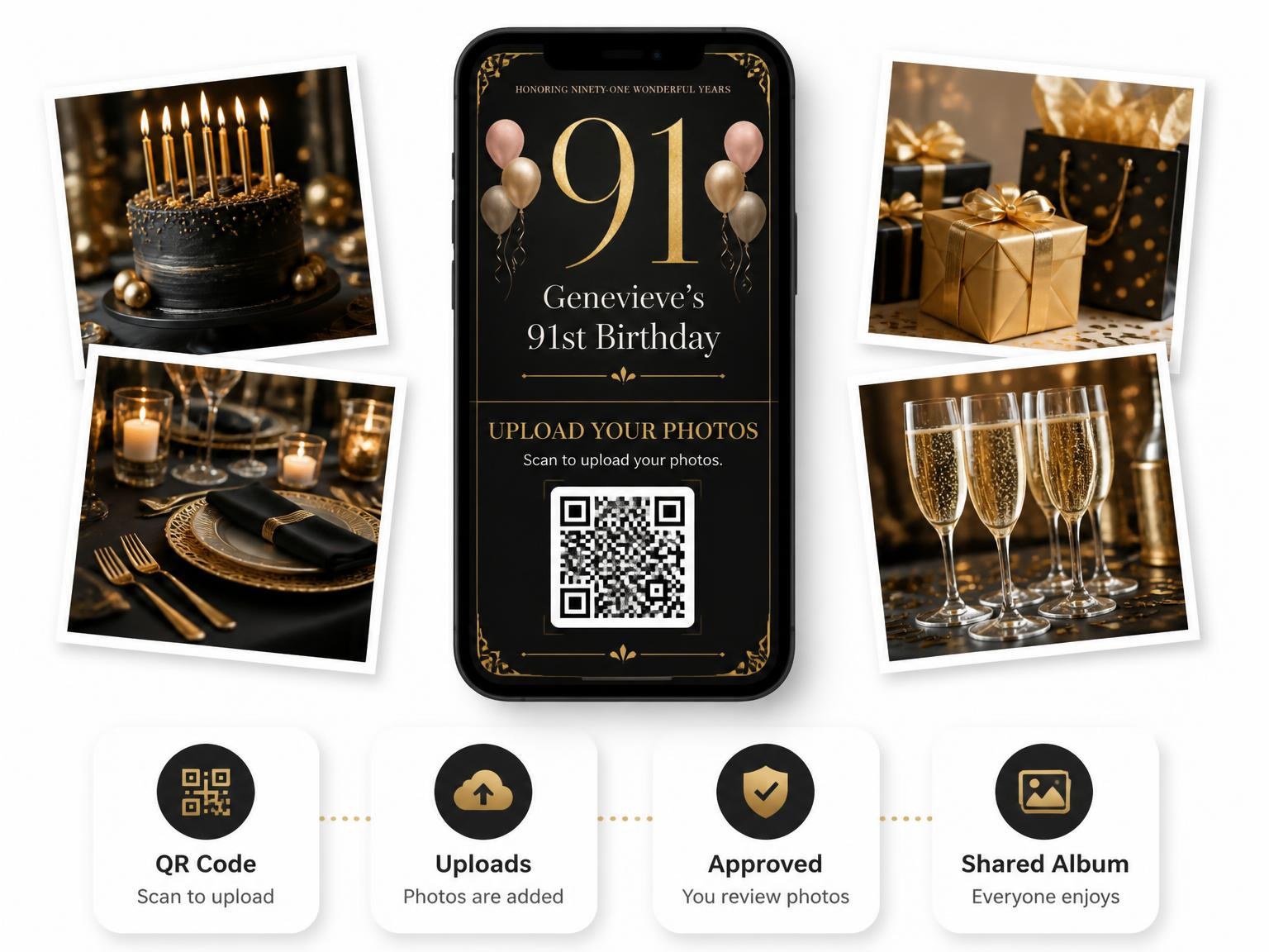 The shared photo gallery that comes with the Charcoal and Blush 91st Birthday Invitation invitation