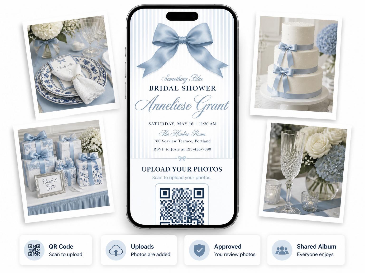 The shared photo gallery that comes with the Dusty Blue Satin Bow Bridal Shower invitation