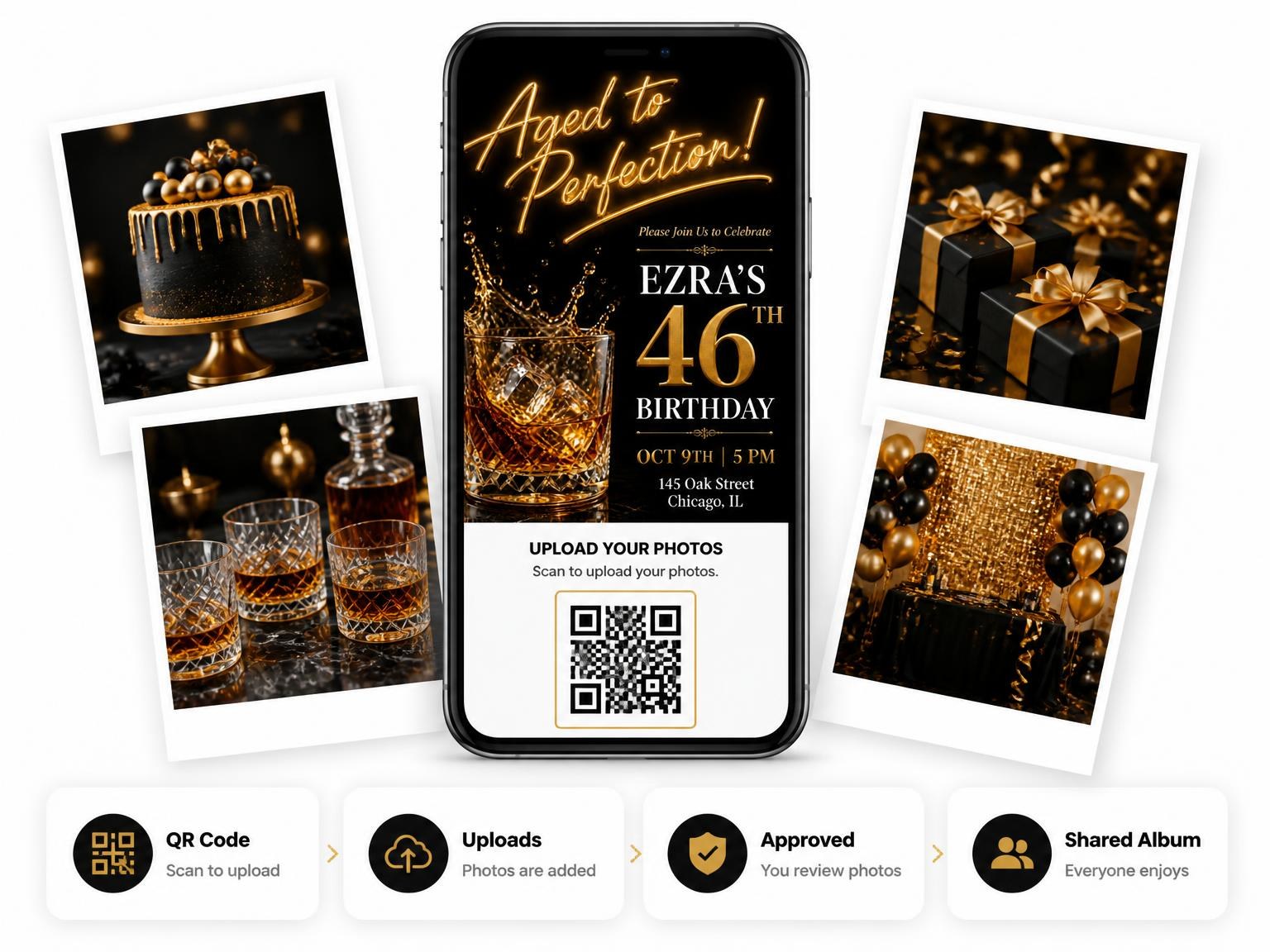 The shared photo gallery that comes with the Crystal Whiskey 46th Birthday Invitation invitation
