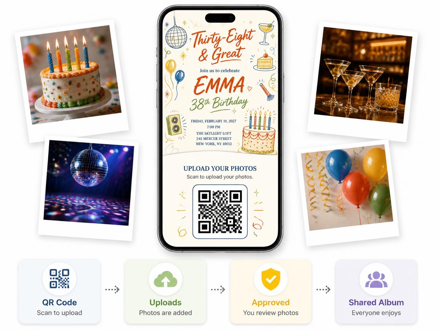 The shared photo gallery that comes with the Retro Doodle 38th Birthday Invitation invitation