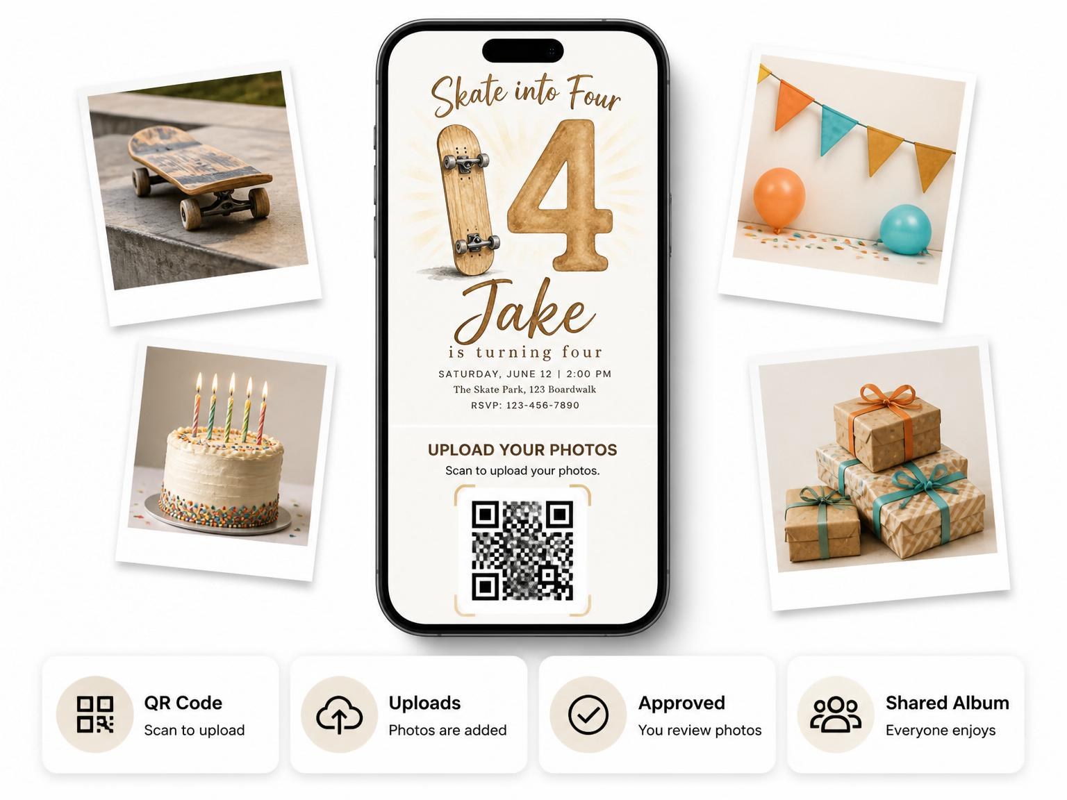 The shared photo gallery that comes with the Skate into Four Invitation invitation