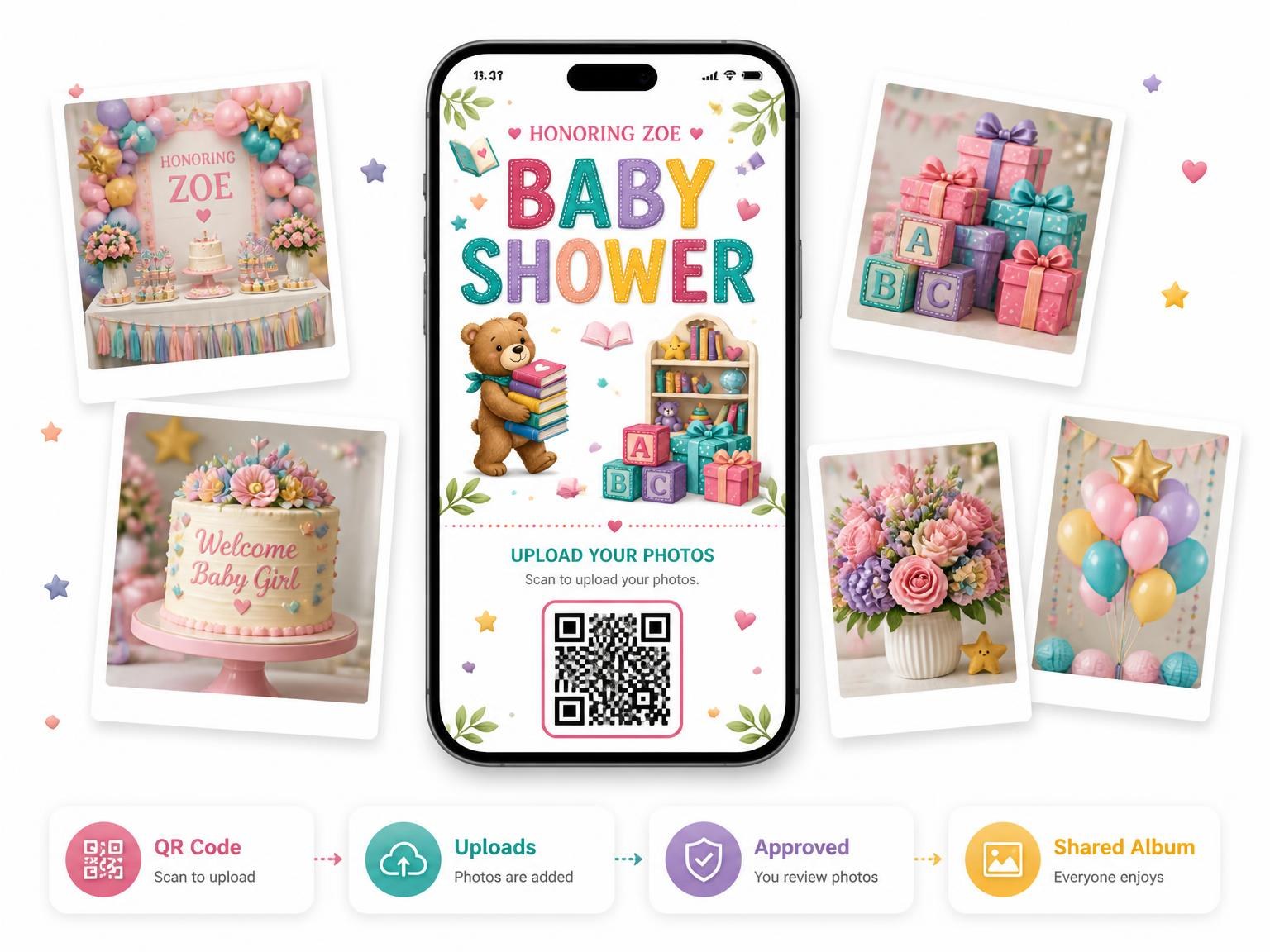 The shared photo gallery that comes with the Storybook Toys Baby Shower Invitation invitation