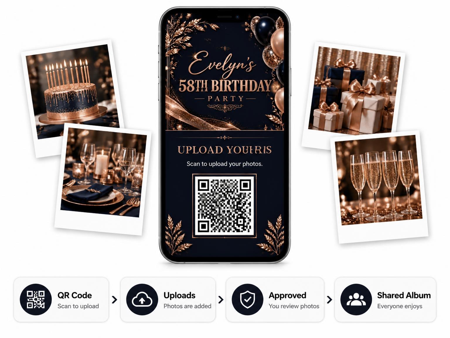 The shared photo gallery that comes with the Navy and Rose Gold 58th Birthday Invitation invitation
