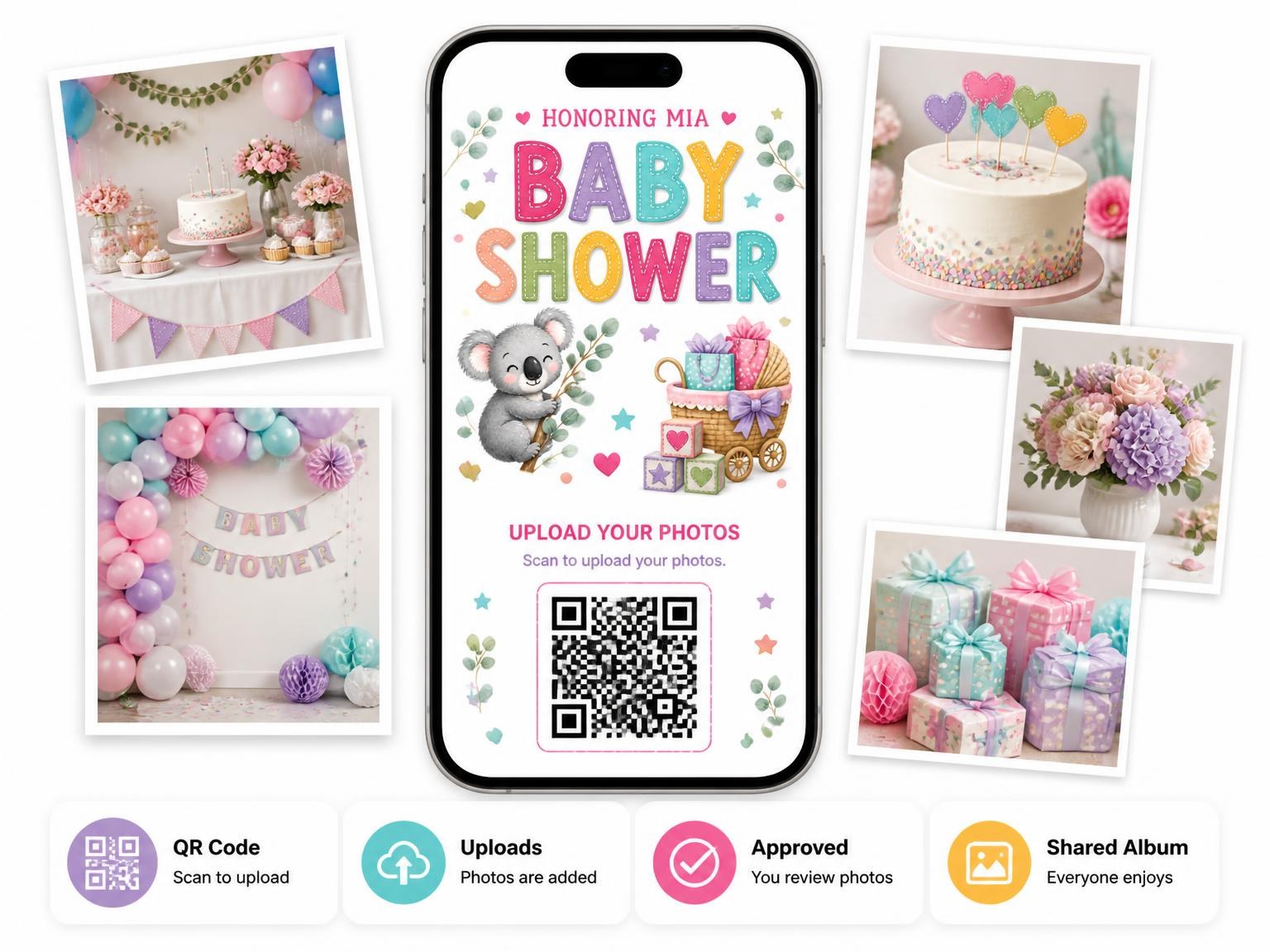 The shared photo gallery that comes with the Koala Climbing Baby Shower Invitation invitation