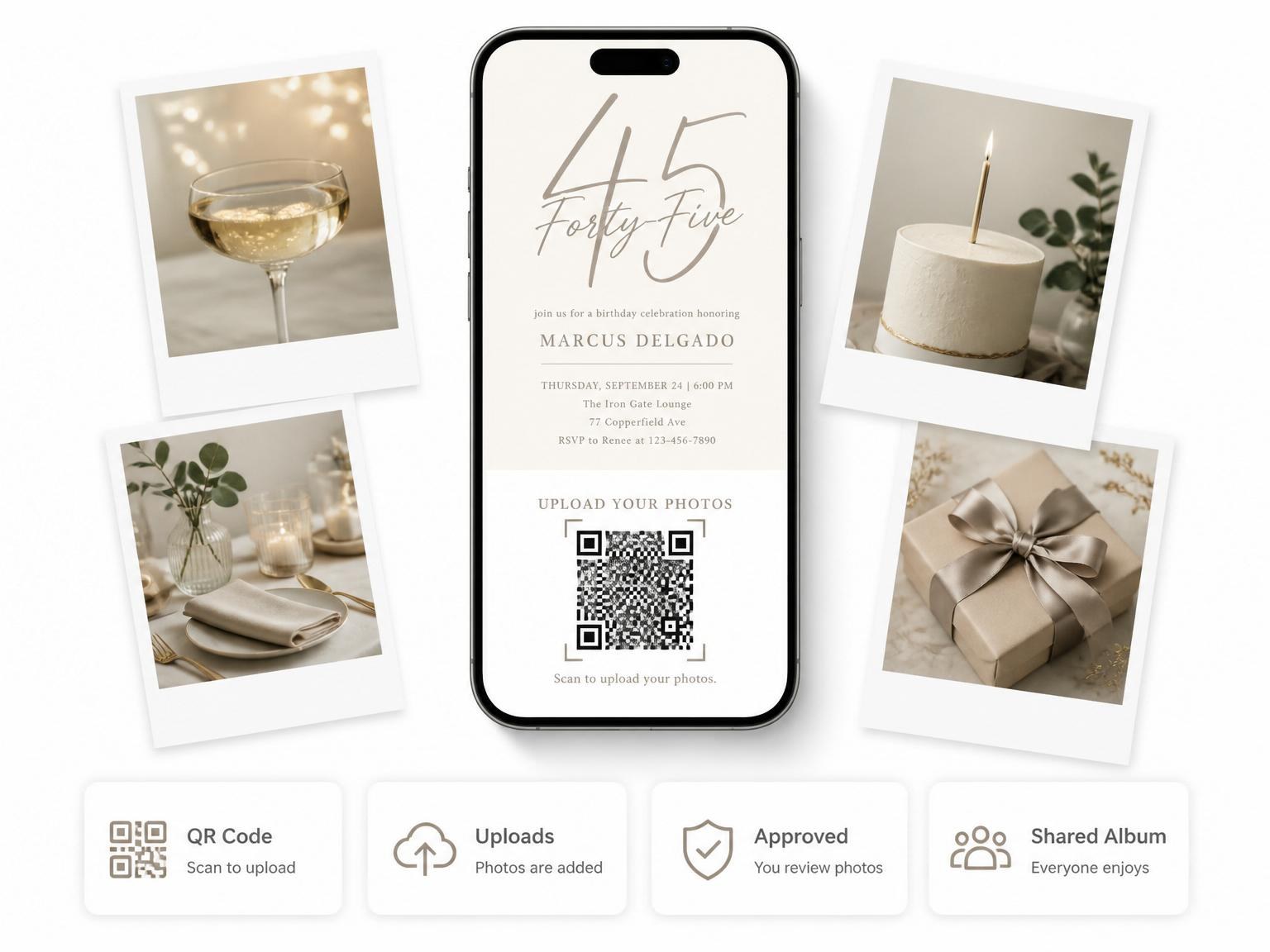 The shared photo gallery that comes with the Taupe Oversized Typography 45th Birthday invitation