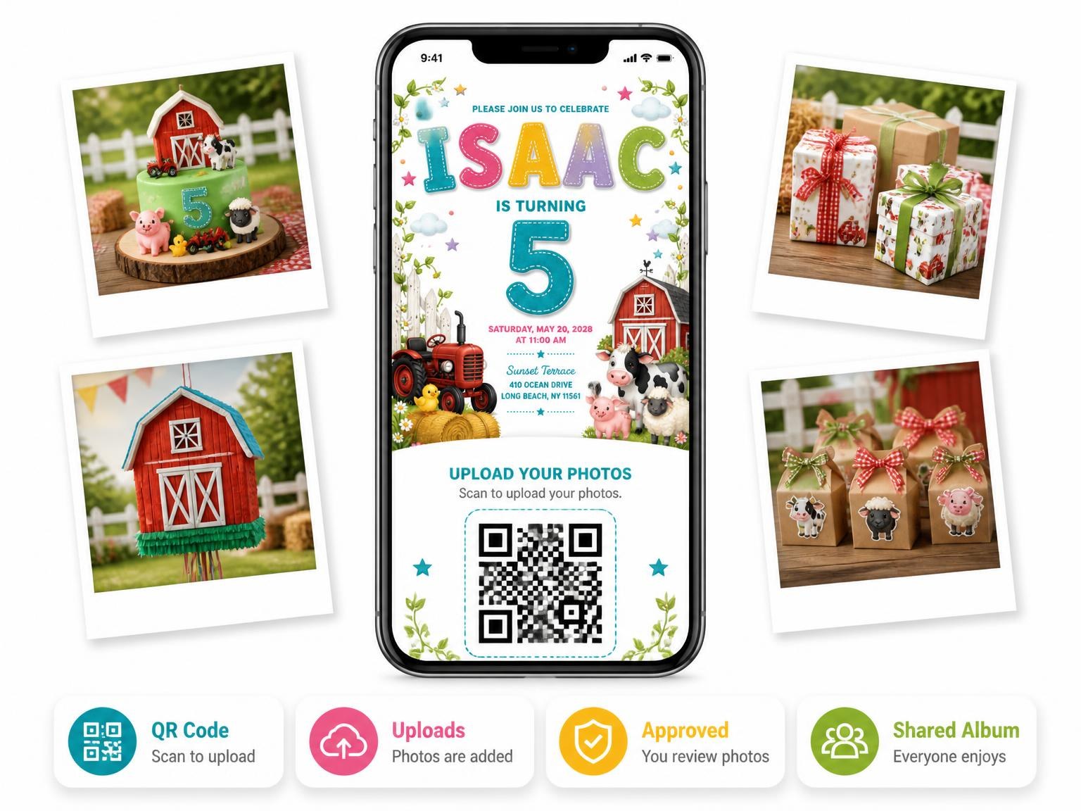 The shared photo gallery that comes with the Stitched Farm 5th Birthday Invitation invitation