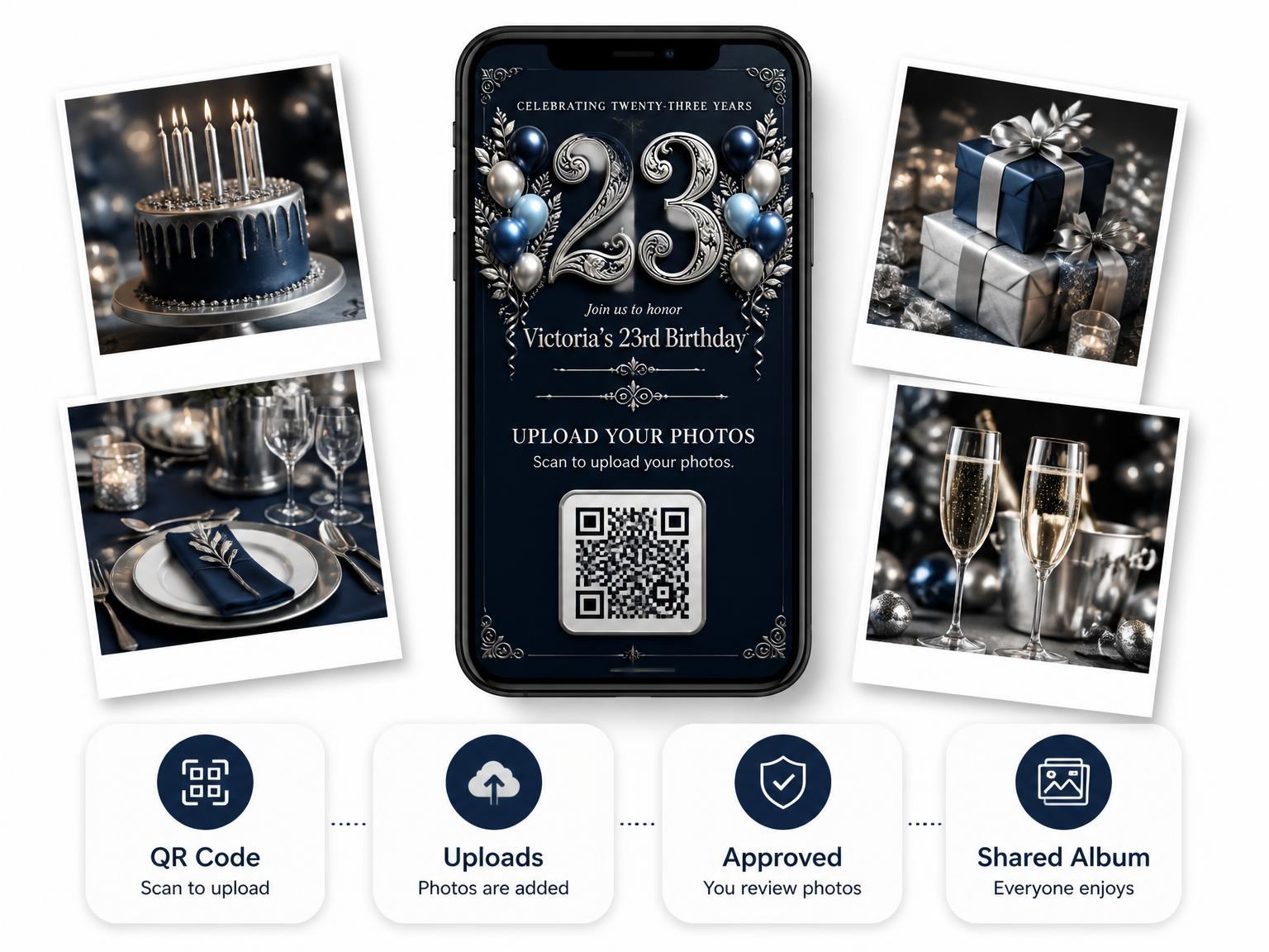 The shared photo gallery that comes with the Navy and Silver 23rd Birthday Invitation invitation
