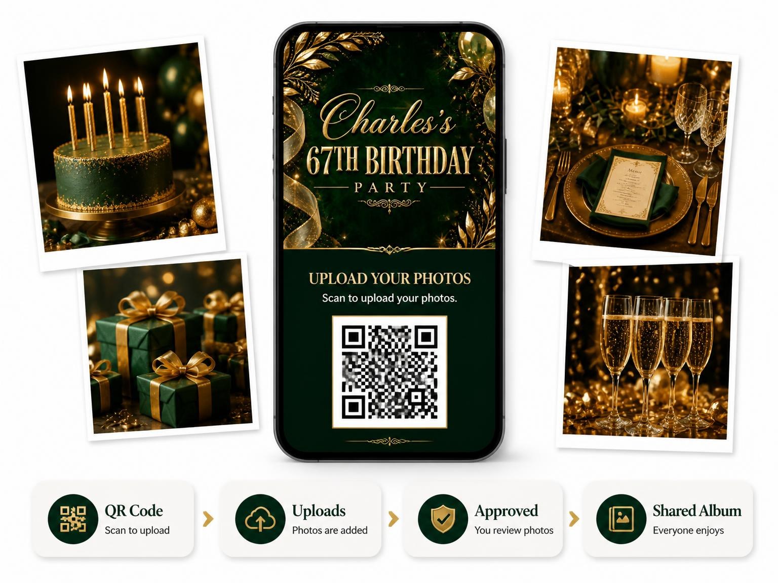 The shared photo gallery that comes with the Emerald and Champagne 67th Birthday Invitation invitation