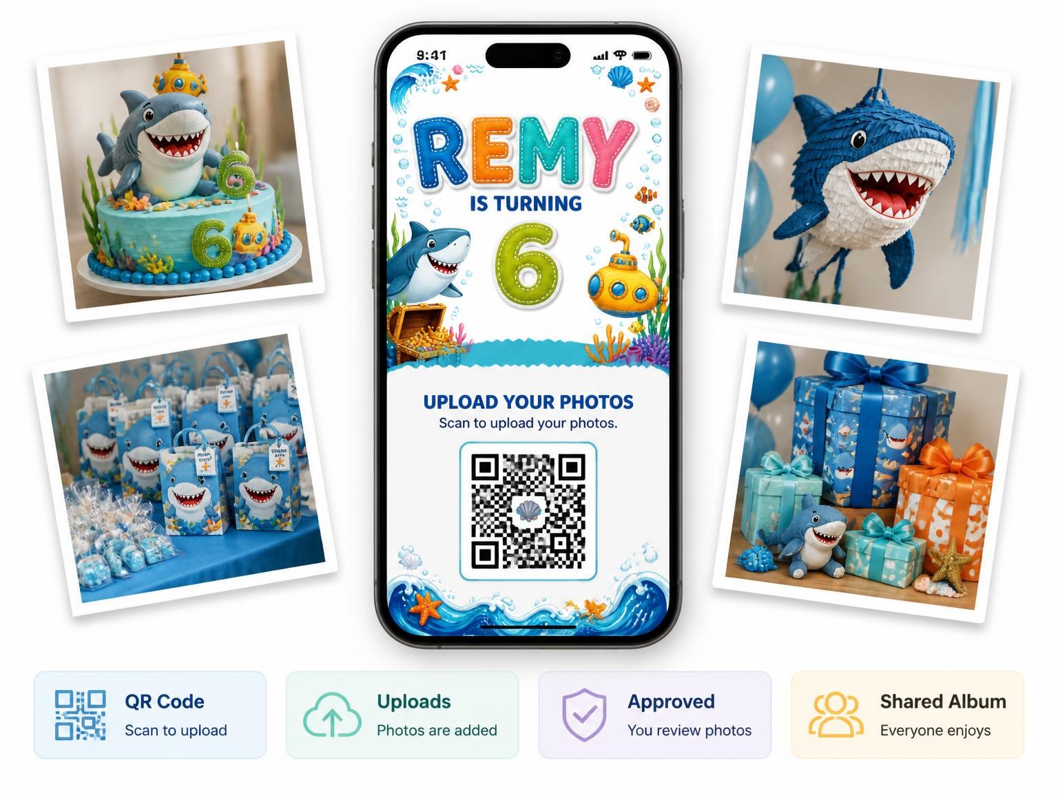 The shared photo gallery that comes with the Stitched Shark 6th Birthday Invitation invitation
