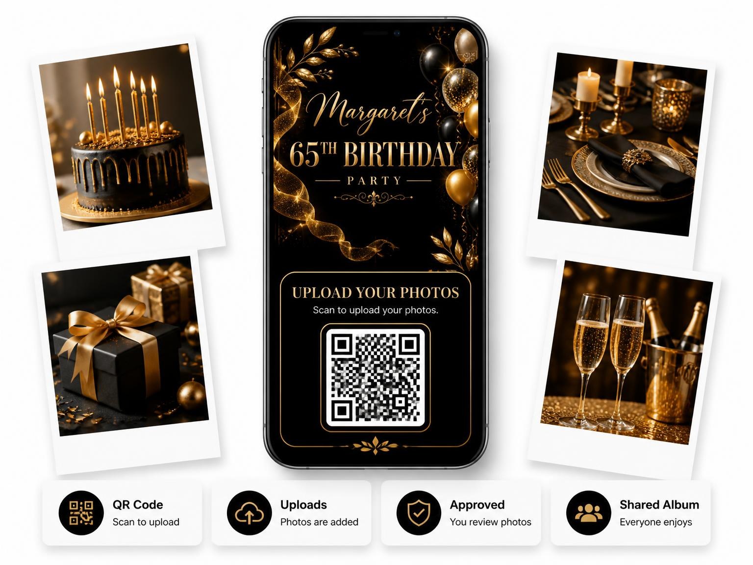 The shared photo gallery that comes with the Black and Gold 65th Birthday Invitation invitation
