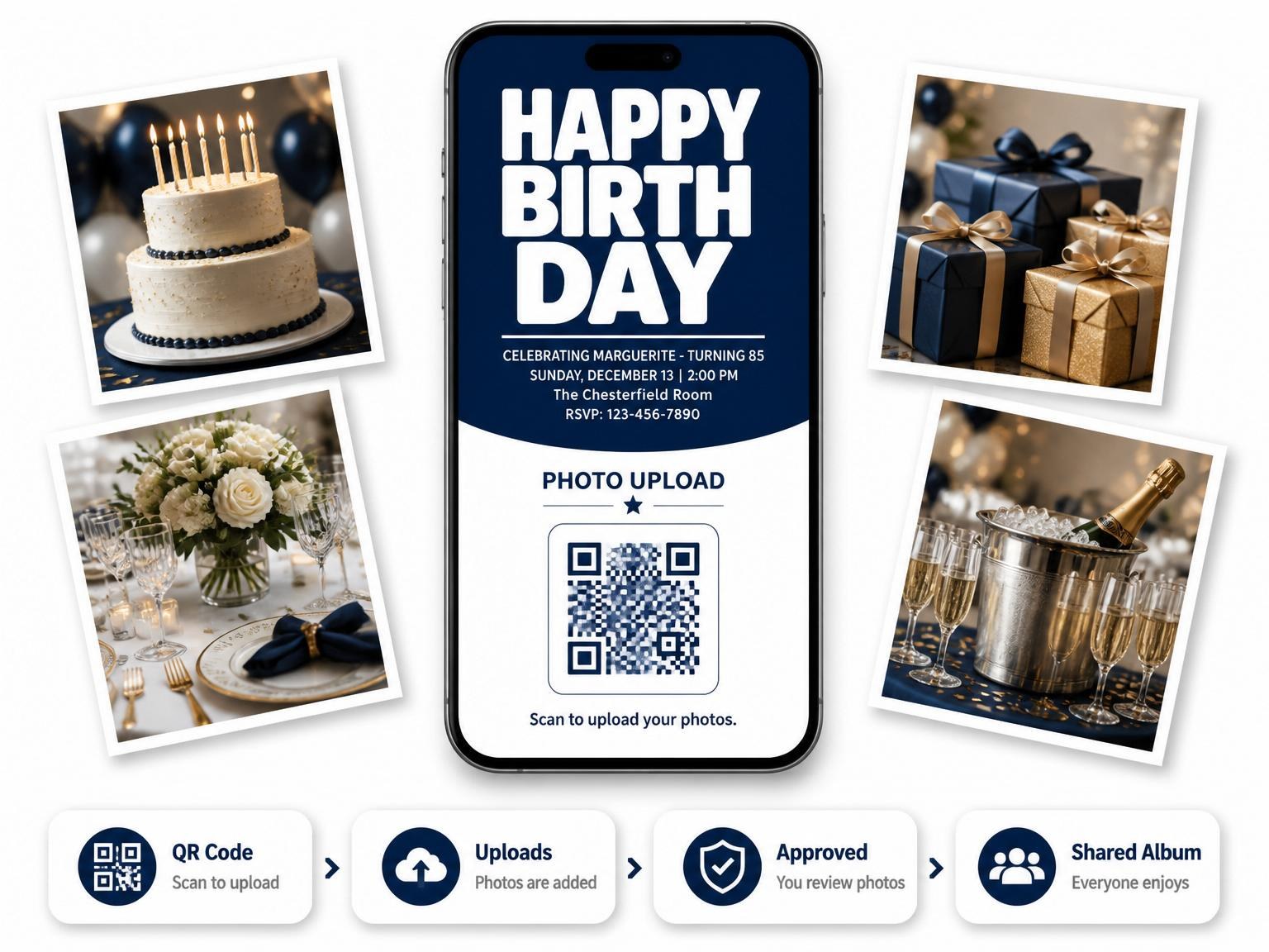 The shared photo gallery that comes with the Navy Bold Typography 85th Birthday invitation