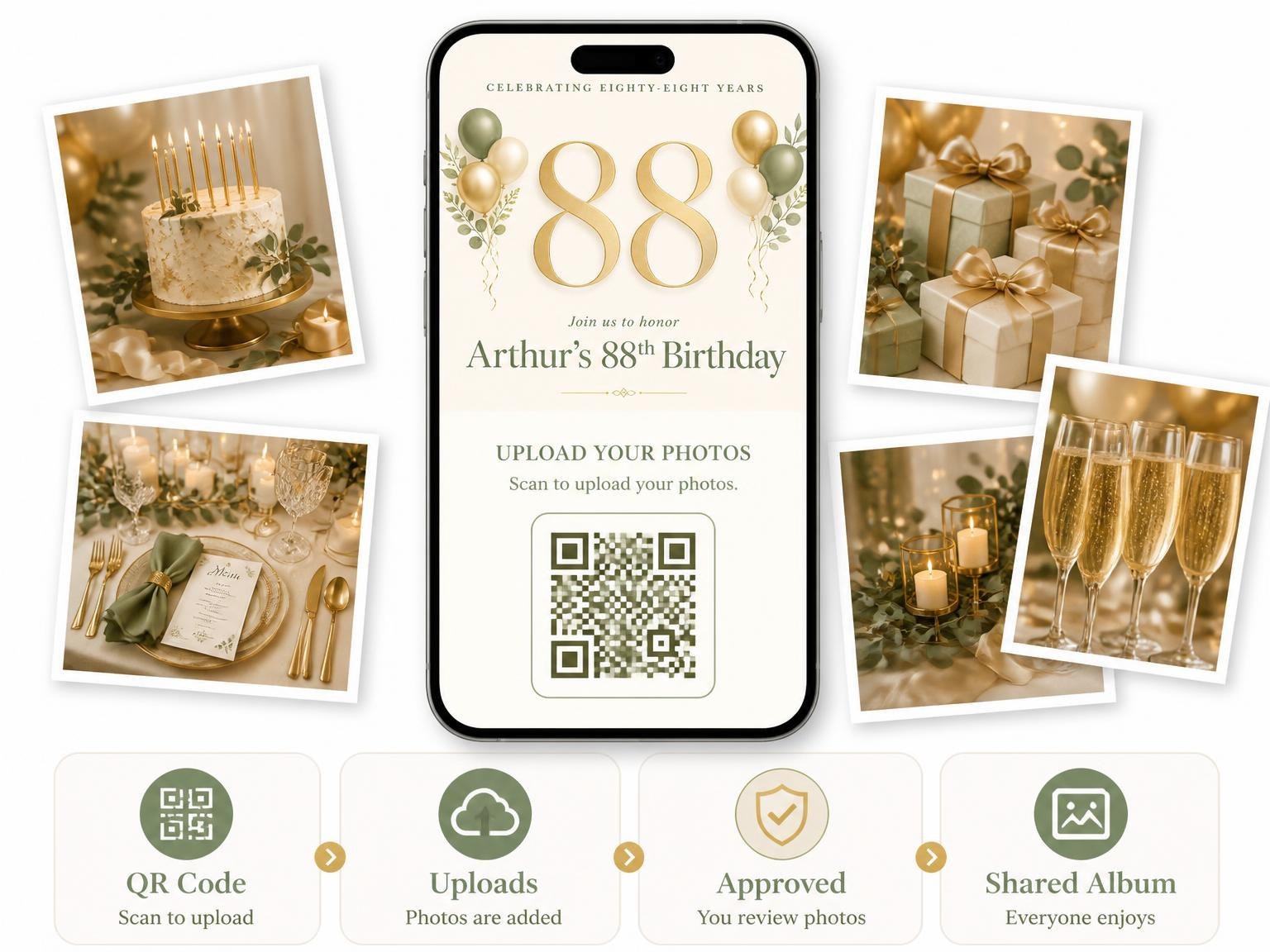 The shared photo gallery that comes with the Sage and Ivory 88th Birthday Invitation invitation