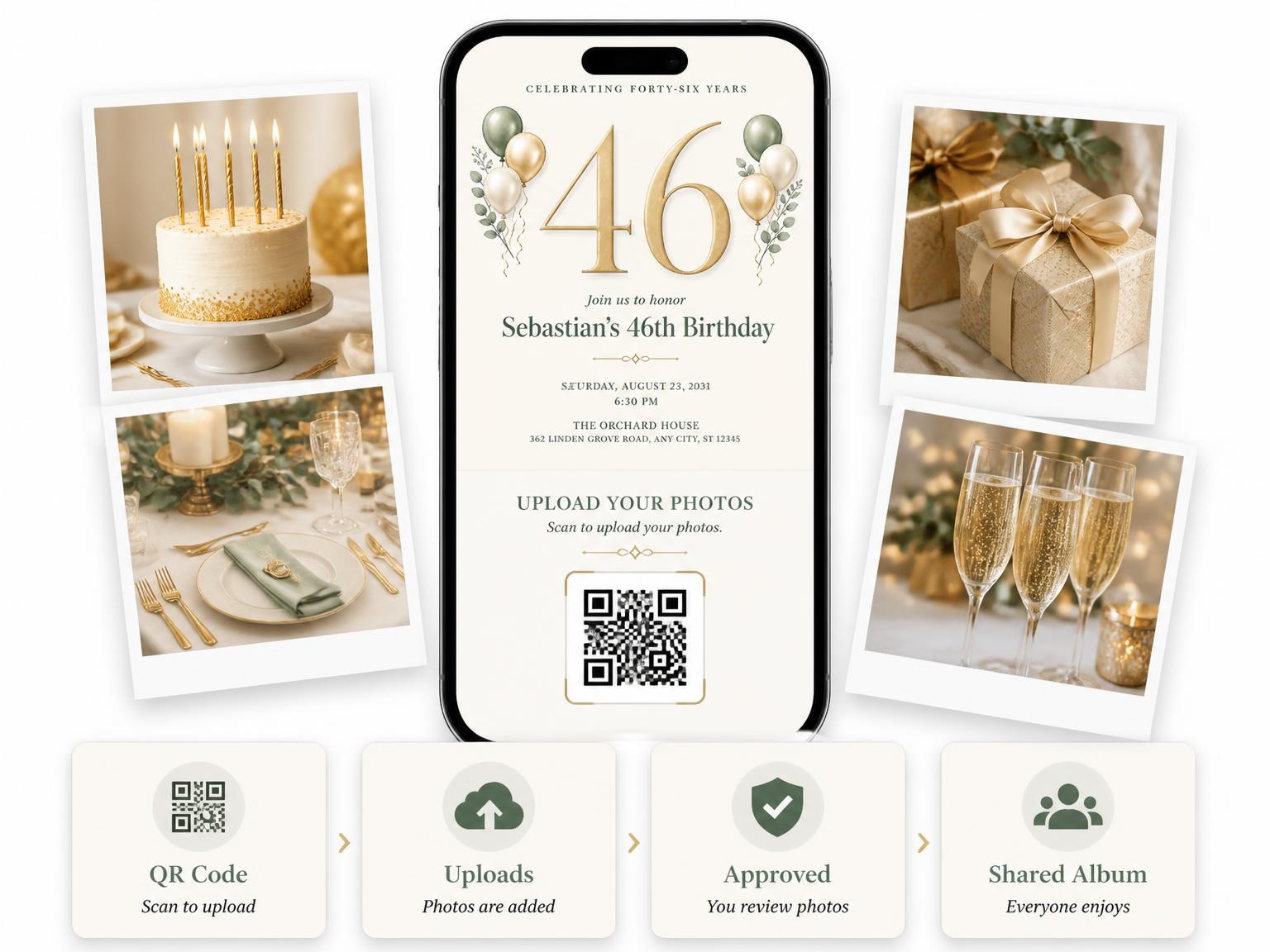 The shared photo gallery that comes with the Sage and Ivory 46th Birthday Invitation invitation