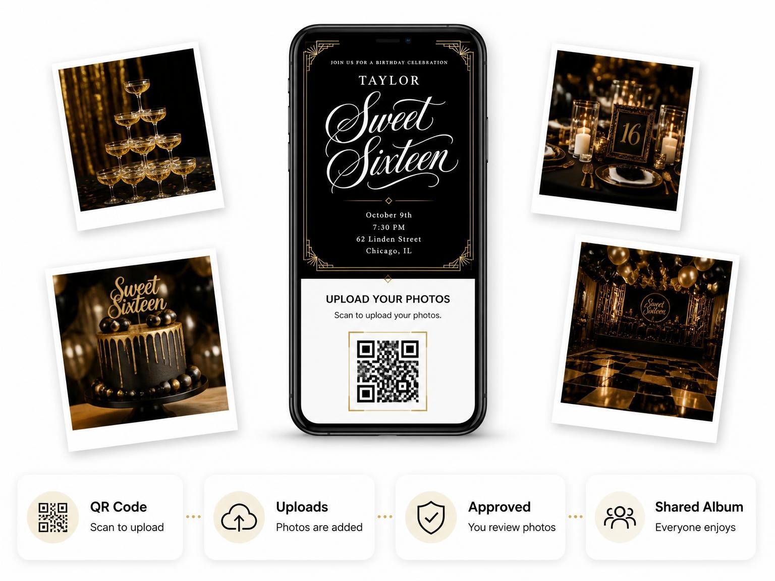 The shared photo gallery that comes with the Art Deco 16th Birthday Invitation invitation