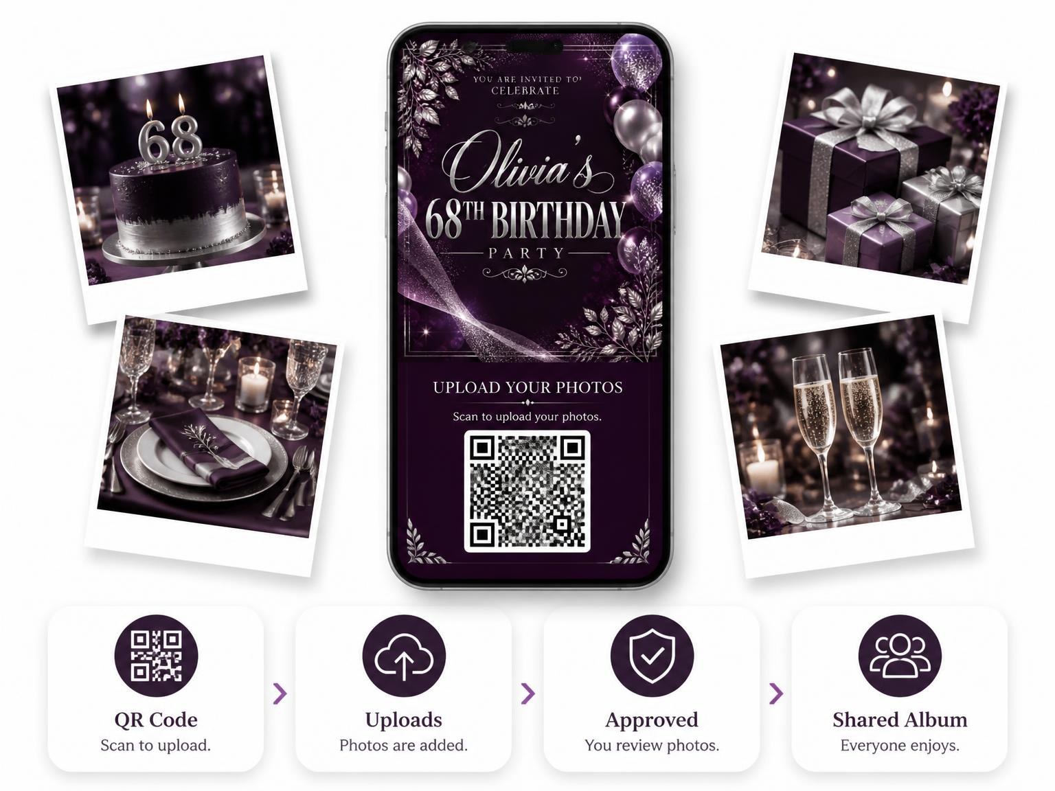 The shared photo gallery that comes with the Plum and Silver 68th Birthday Invitation invitation