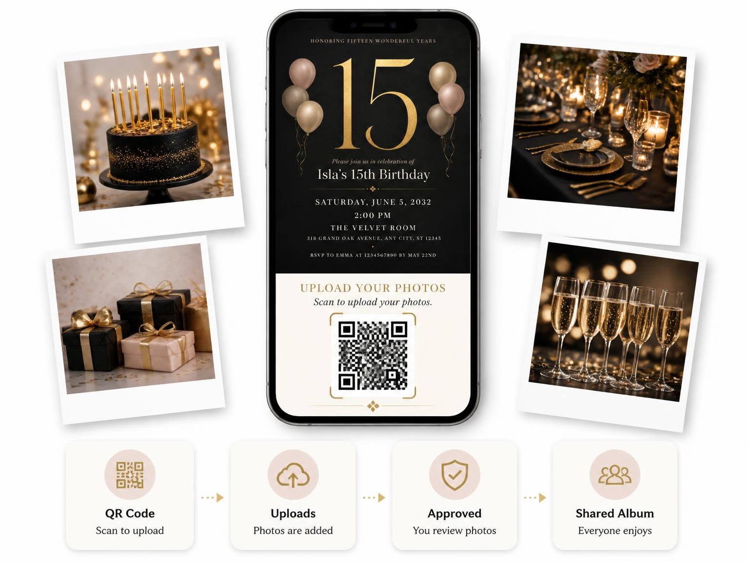 The shared photo gallery that comes with the Charcoal and Blush 15th Birthday Invitation invitation