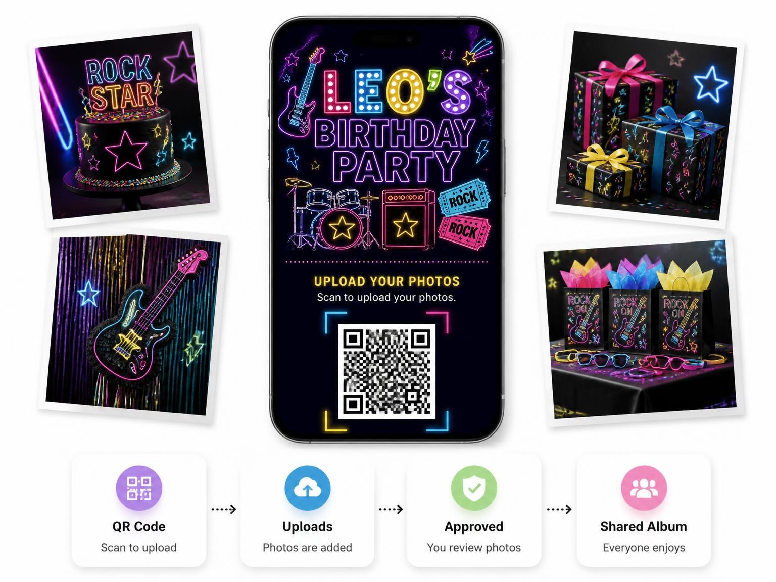 The shared photo gallery that comes with the Neon Rock Star 22nd Birthday Invitation invitation