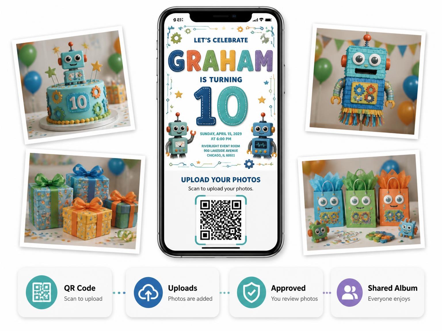 The shared photo gallery that comes with the Stitched Robot 10th Birthday Invitation invitation