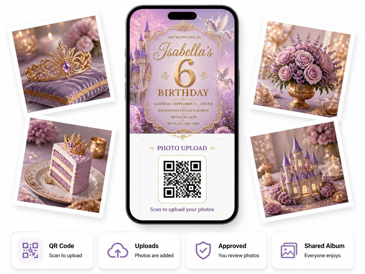 The shared photo gallery that comes with the Lavender Castle Unicorn 6th Birthday Invitation invitation