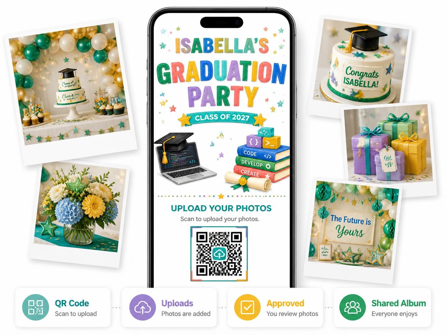 The shared photo gallery that comes with the Laptop Graduation Party Invitation invitation