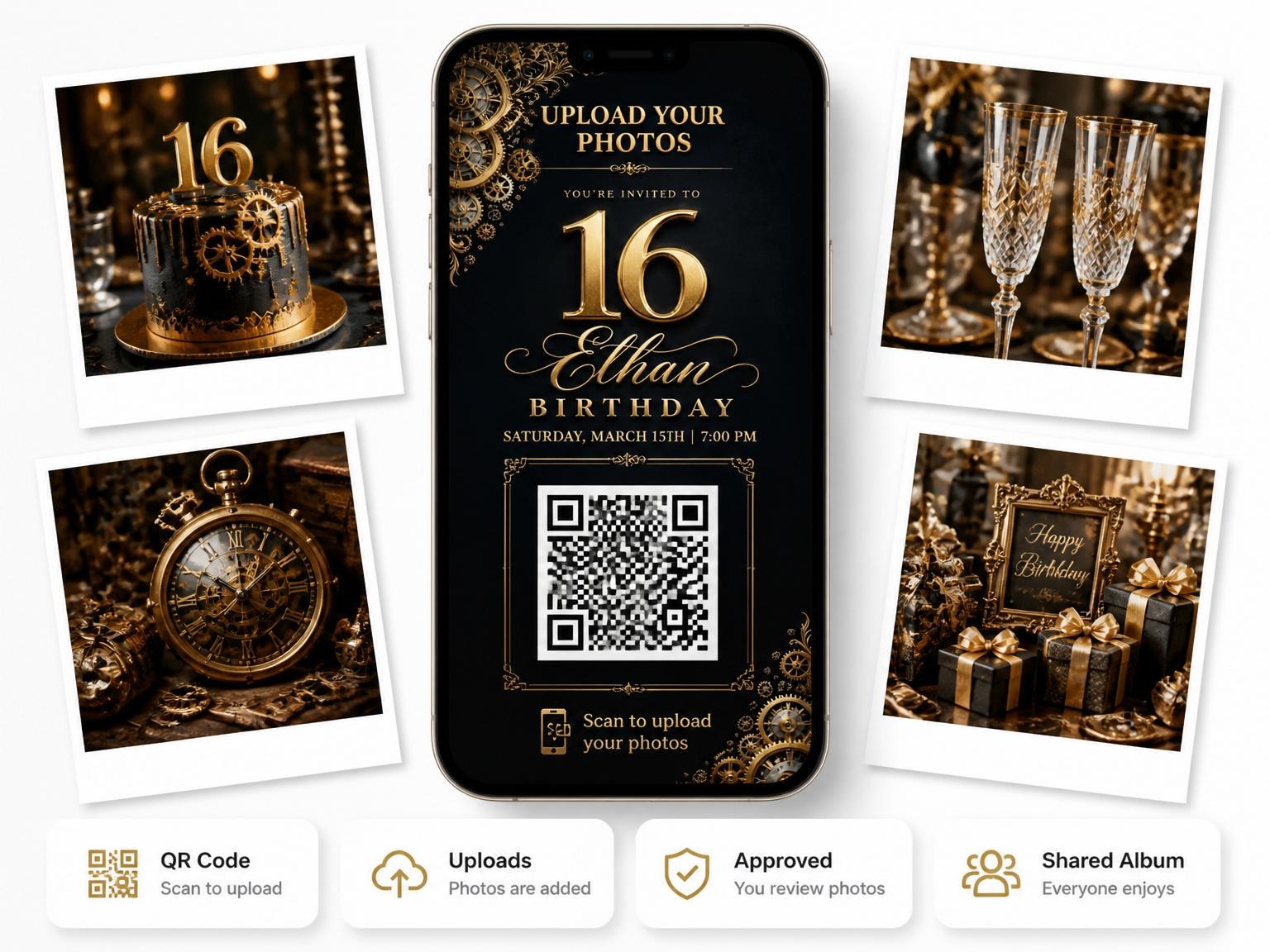 The shared photo gallery that comes with the Gold Clockwork Navy 16th Birthday Invitation invitation