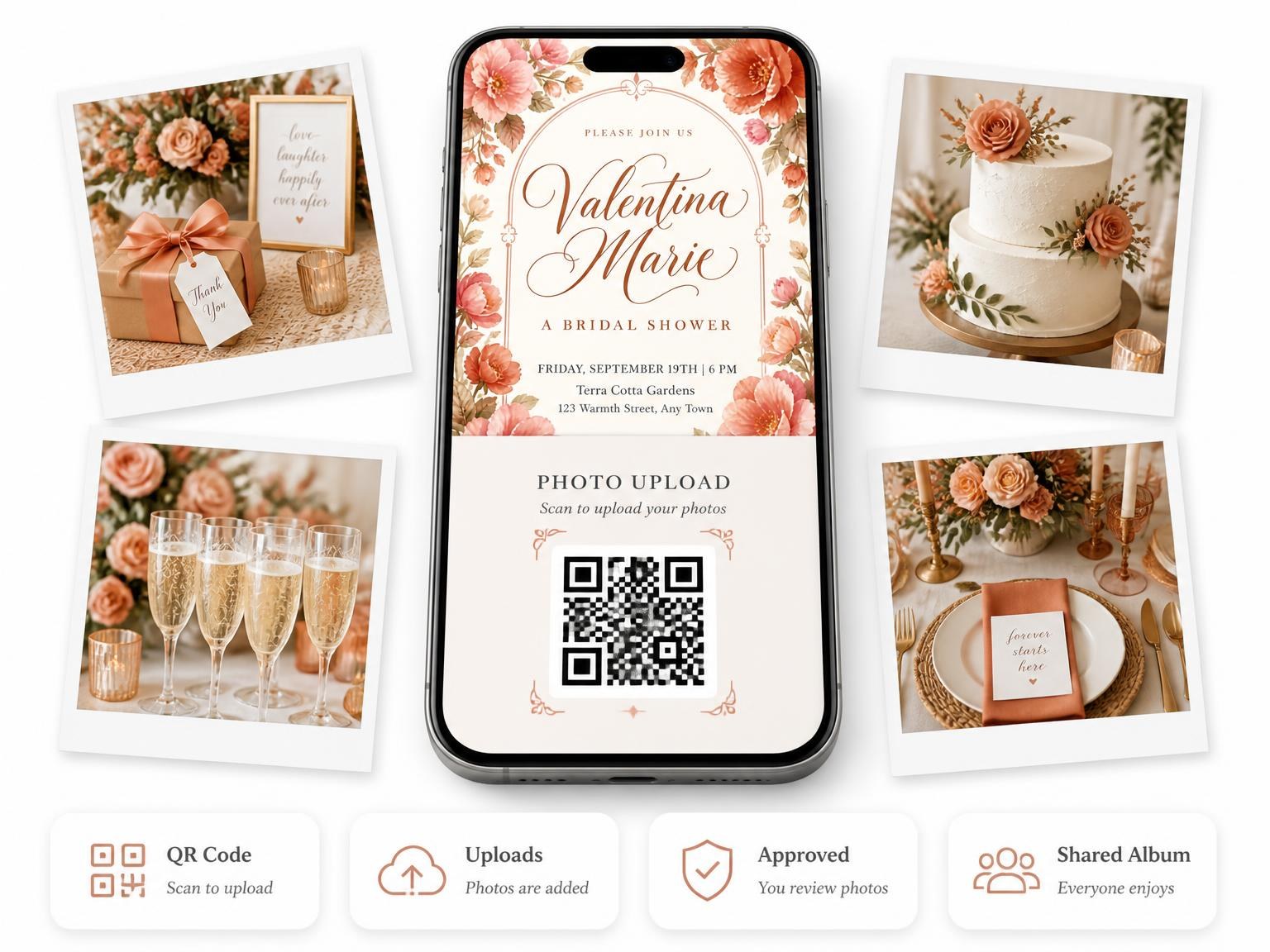 The shared photo gallery that comes with the Terracotta Camellia Arch Bridal Shower invitation