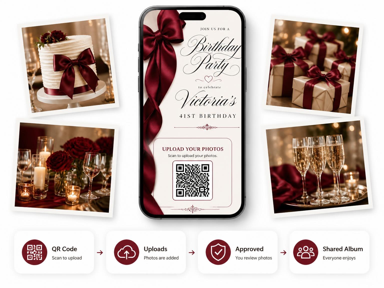 The shared photo gallery that comes with the Burgundy Satin Bow 41st Birthday Invitation invitation
