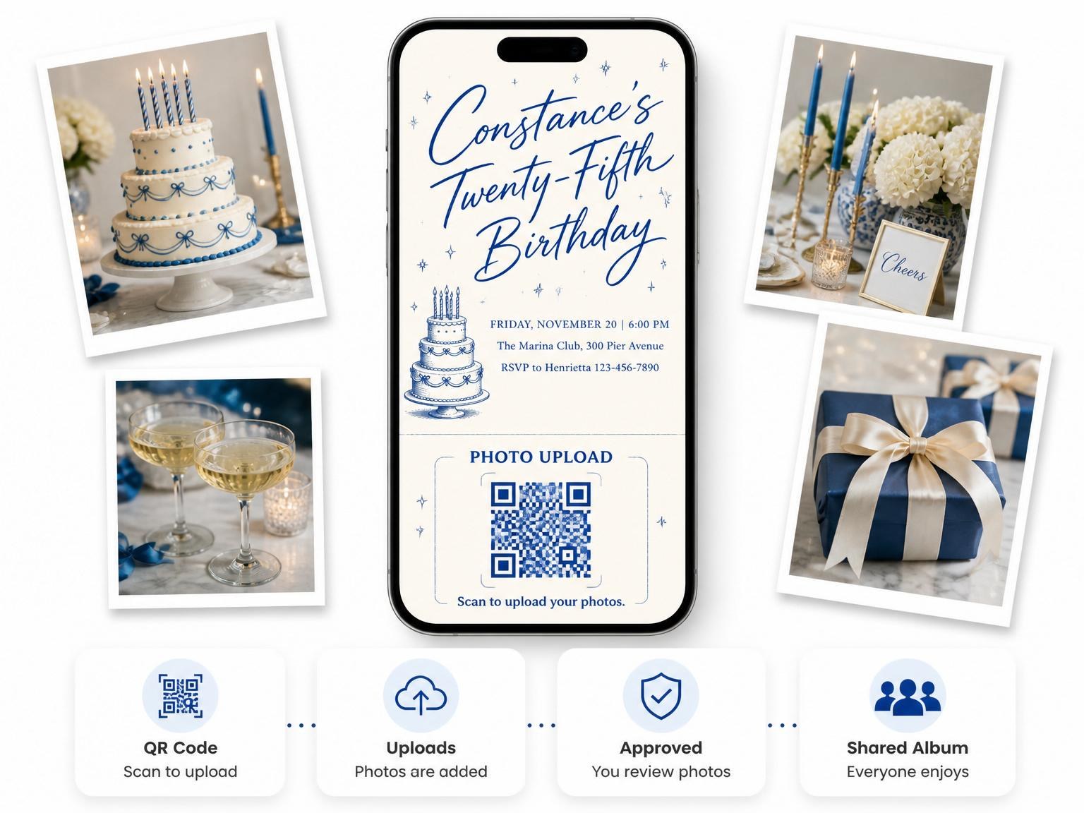 The shared photo gallery that comes with the Cream and Blue Ink 25th Birthday invitation