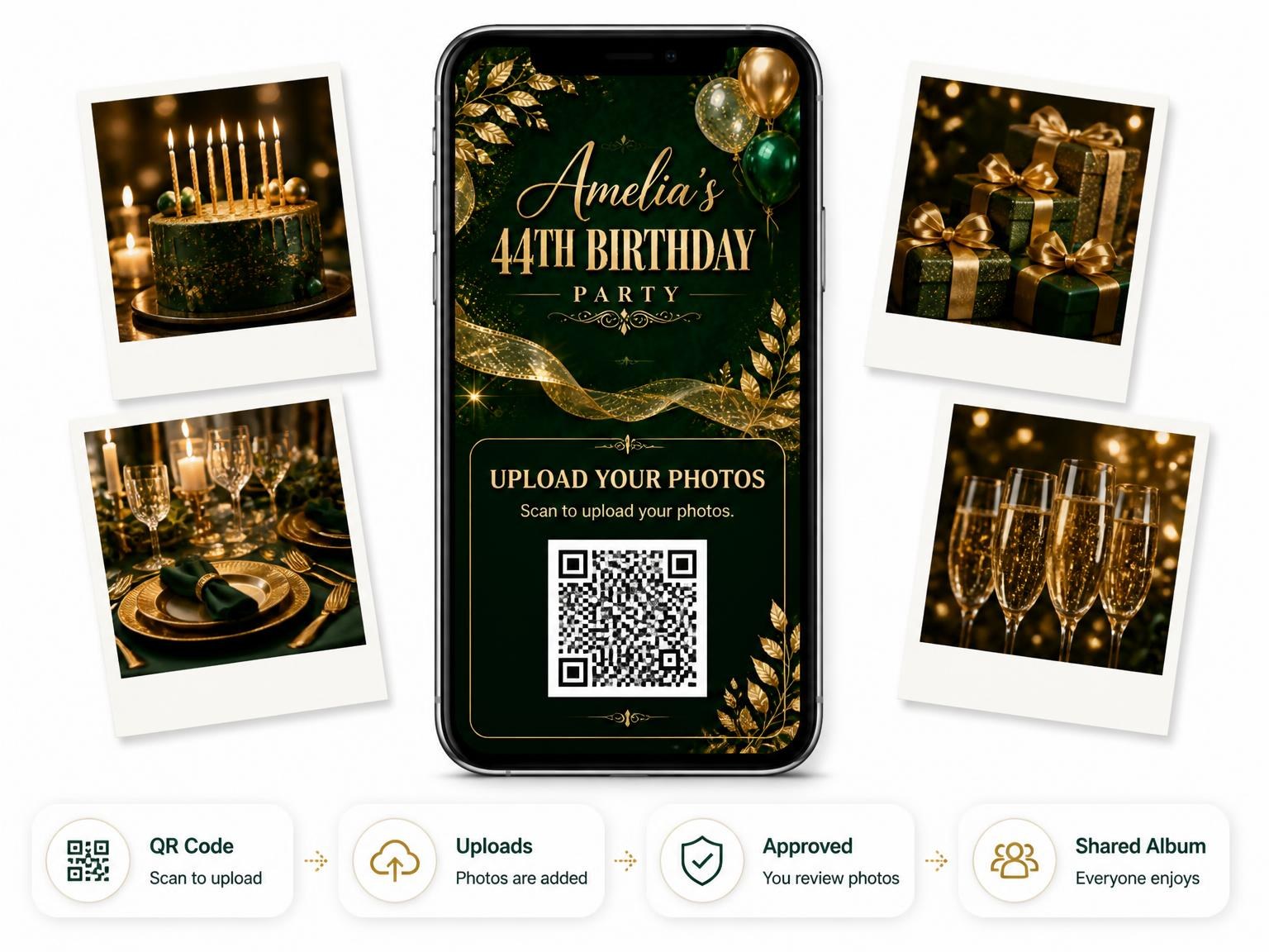 The shared photo gallery that comes with the Emerald and Champagne 44th Birthday Invitation invitation