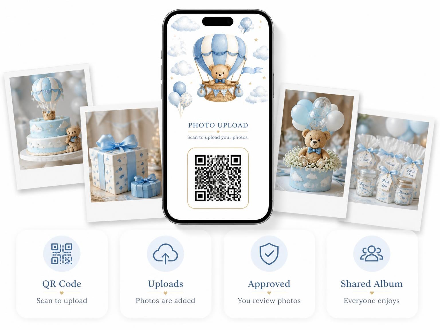 The shared photo gallery that comes with the Blue Watercolor Teddy Hot Air Baby Shower invitation