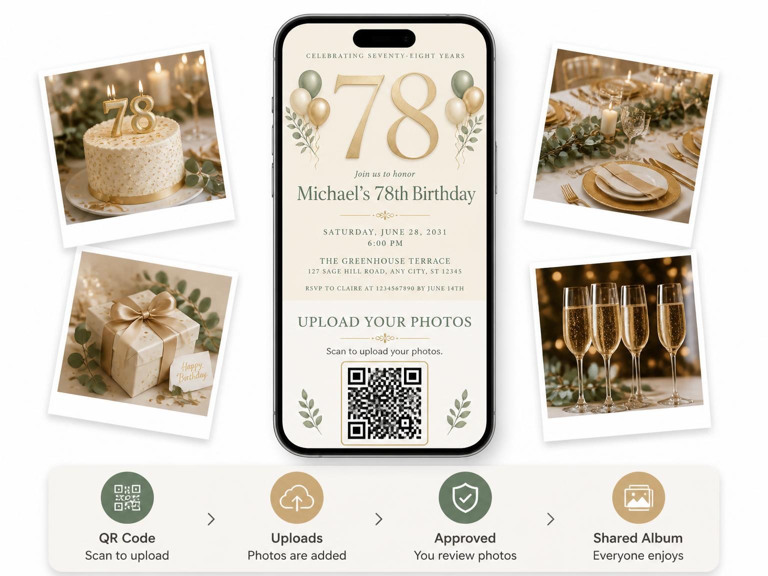 The shared photo gallery that comes with the Sage and Ivory 78th Birthday Invitation invitation