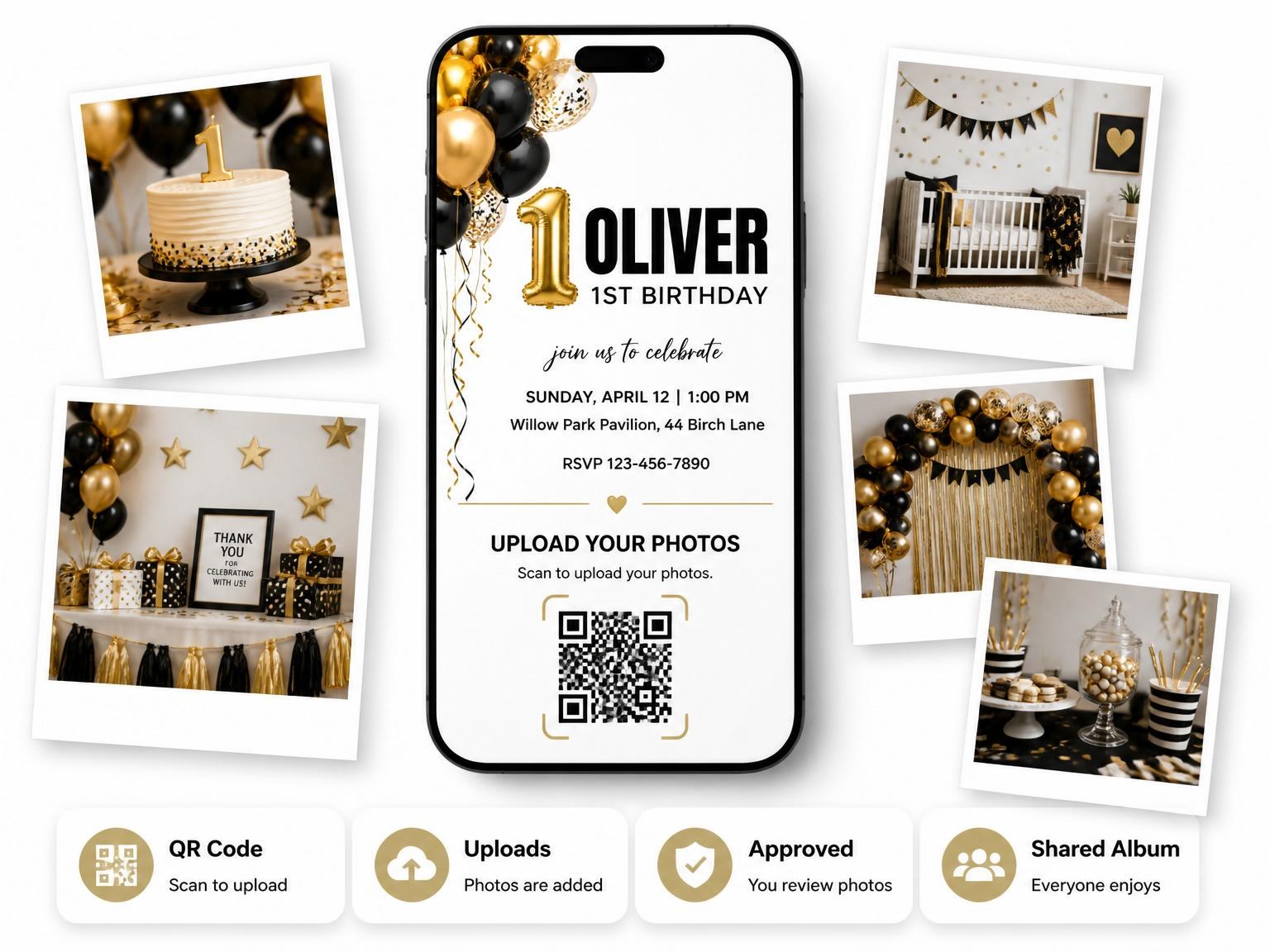 The shared photo gallery that comes with the Gold and Black Balloon 1st Birthday invitation