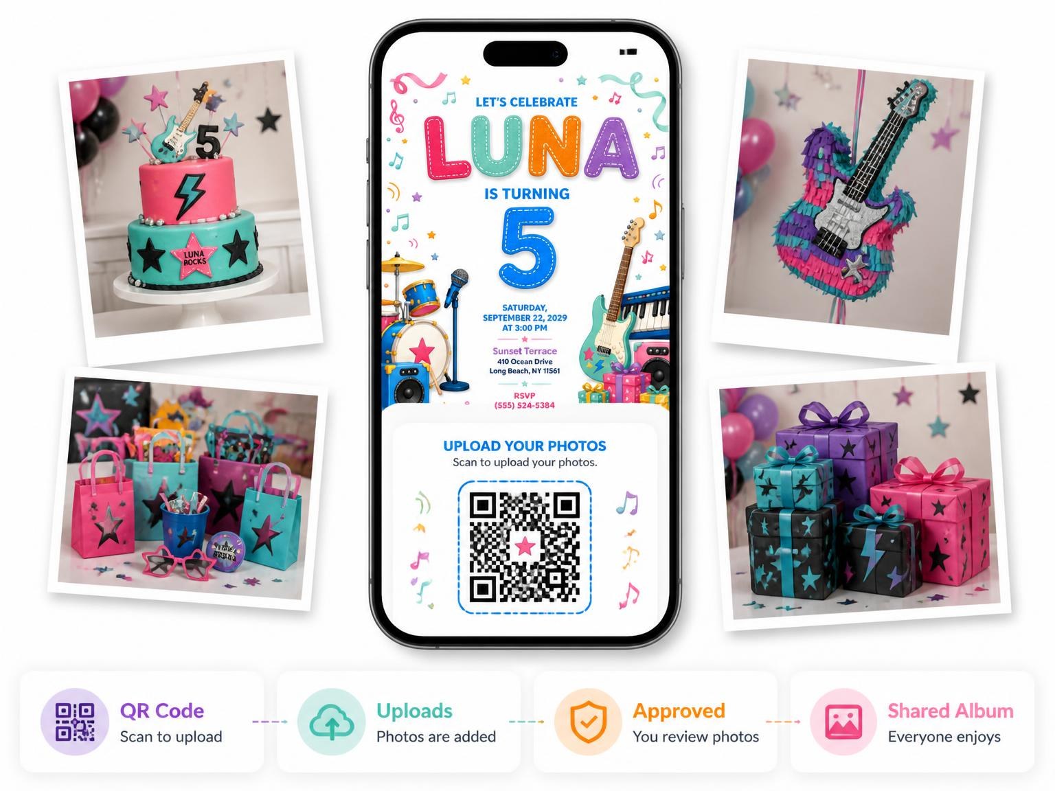 The shared photo gallery that comes with the Stitched Rock Star 5th Birthday Invitation invitation