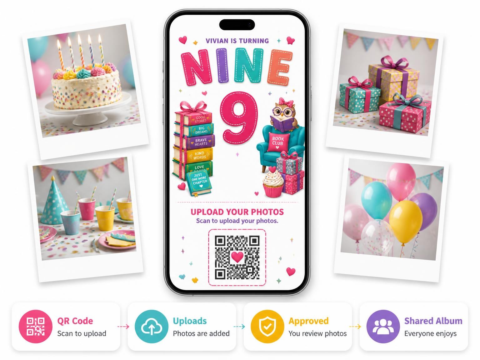 The shared photo gallery that comes with the Reading Owl Stitched 9th Birthday Invitation invitation
