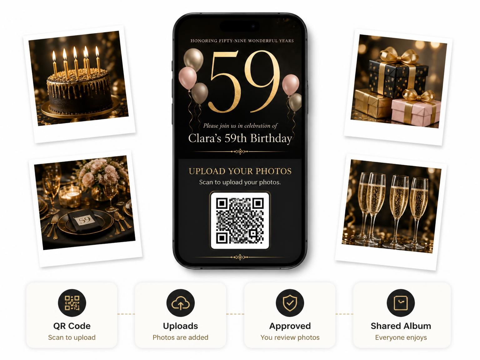 The shared photo gallery that comes with the Charcoal and Blush 59th Birthday Invitation invitation