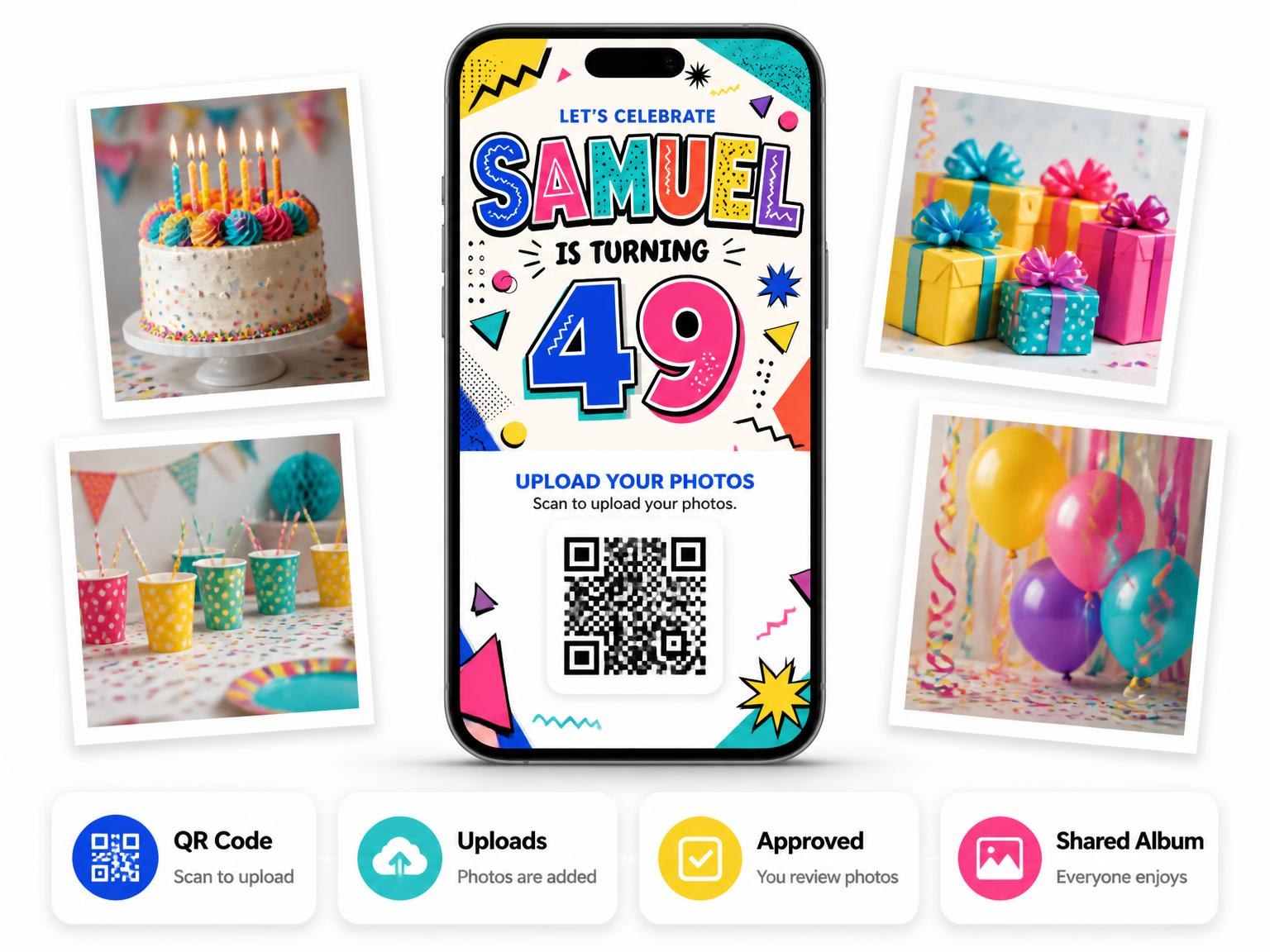 The shared photo gallery that comes with the Memphis Pop 49th Birthday Invitation invitation
