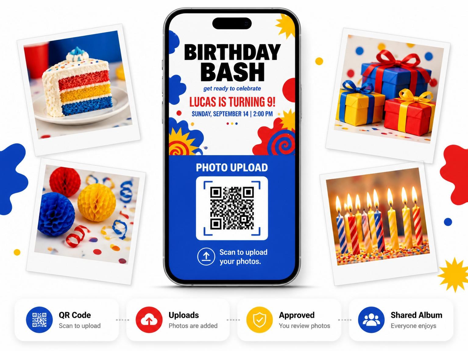 The shared photo gallery that comes with the Primary Color Abstract 9th Birthday Invitation invitation