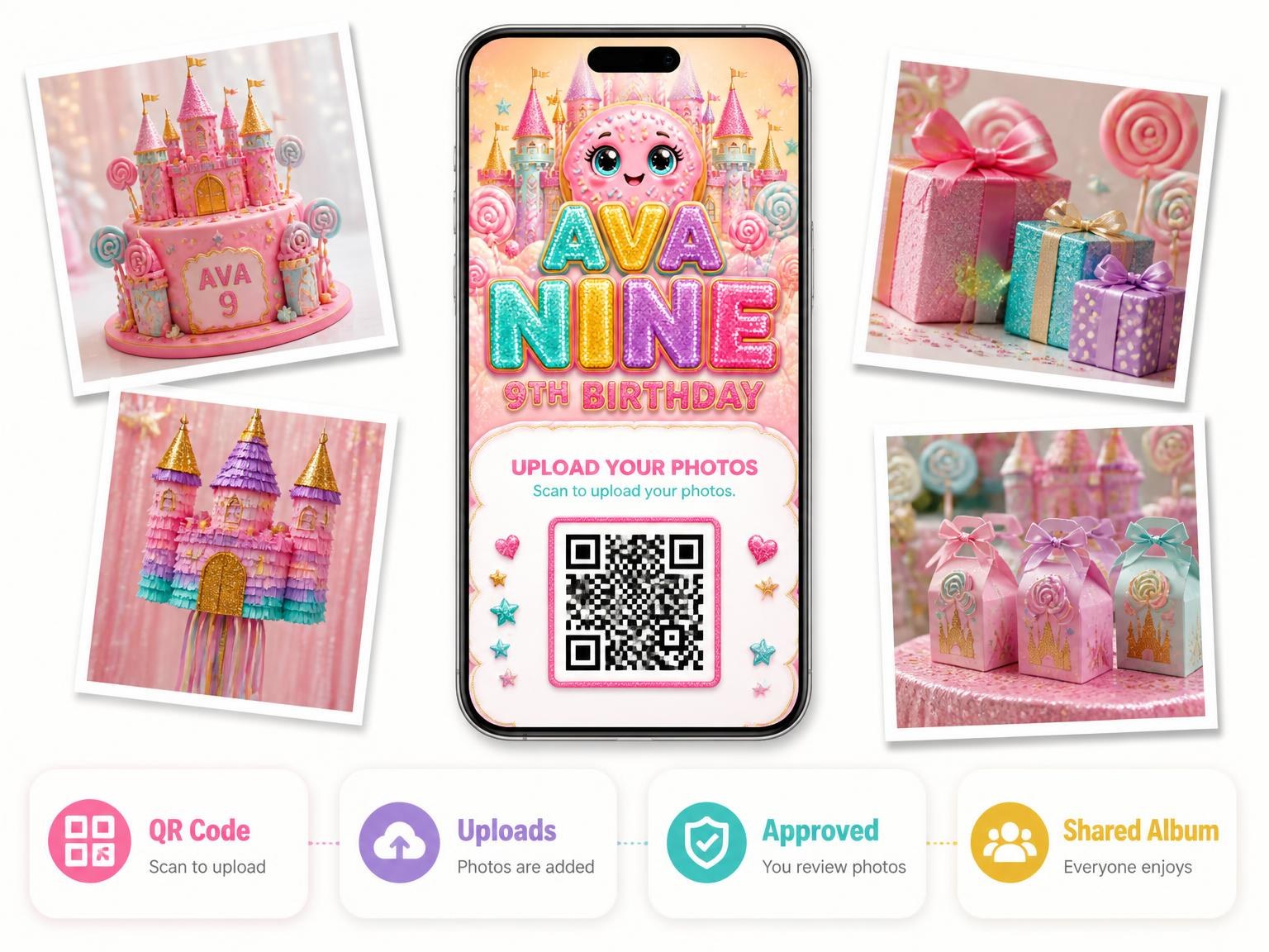 The shared photo gallery that comes with the Glitter Candy Castle 9th Birthday Invitation invitation