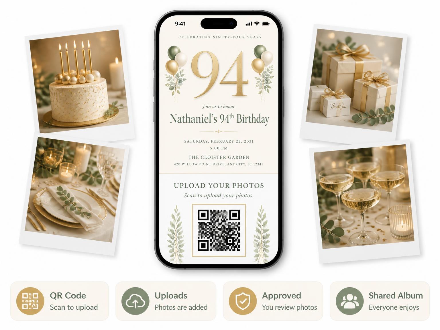 The shared photo gallery that comes with the Sage and Ivory 94th Birthday Invitation invitation