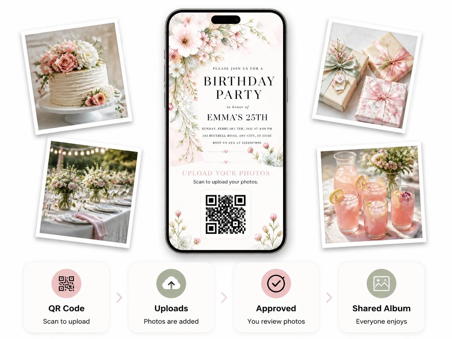 The shared photo gallery that comes with the Bouquet Branches Mint 25th Birthday Invitation invitation