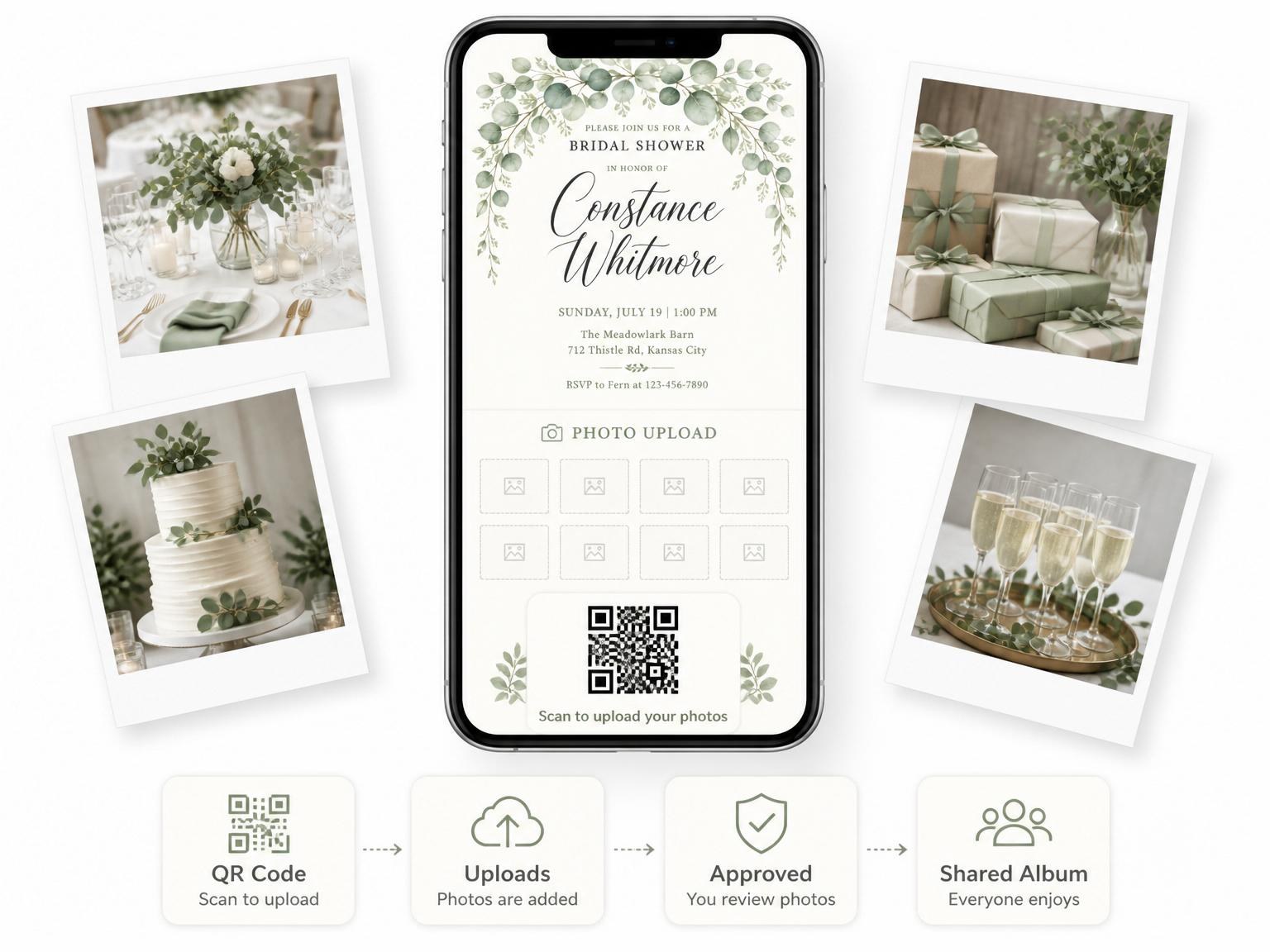 The shared photo gallery that comes with the Cream Watercolor Eucalyptus Bridal Shower invitation