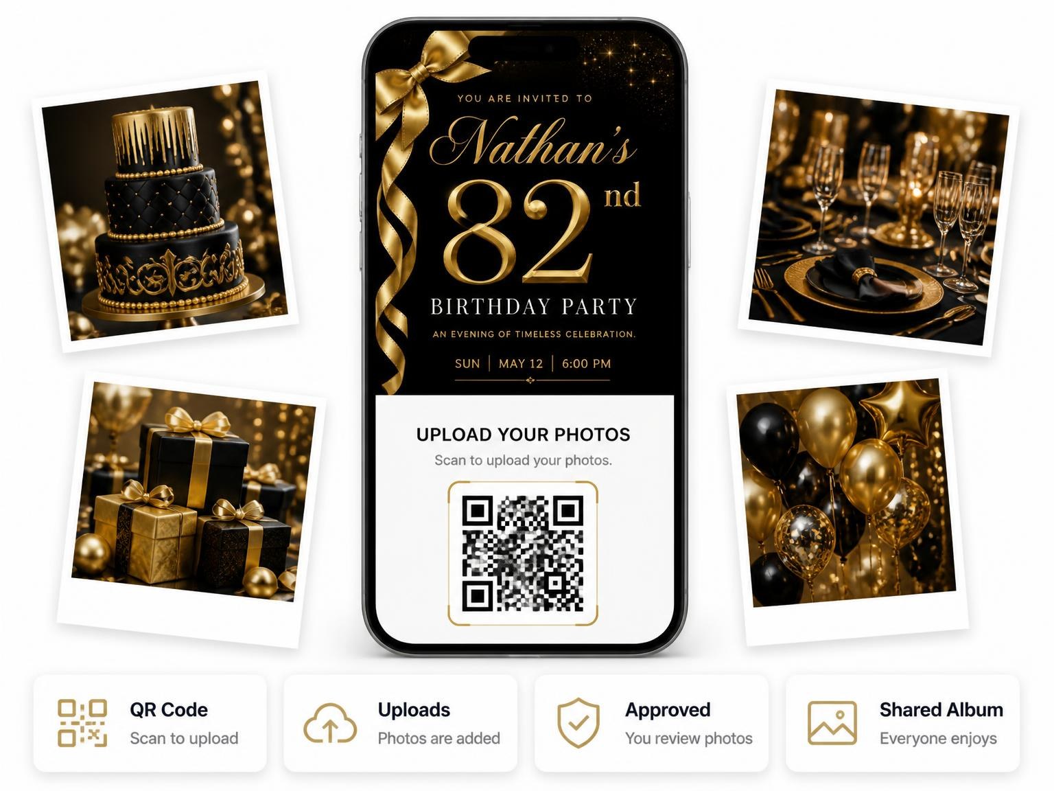 The shared photo gallery that comes with the Black and Gold Ribbon 82nd Birthday invitation