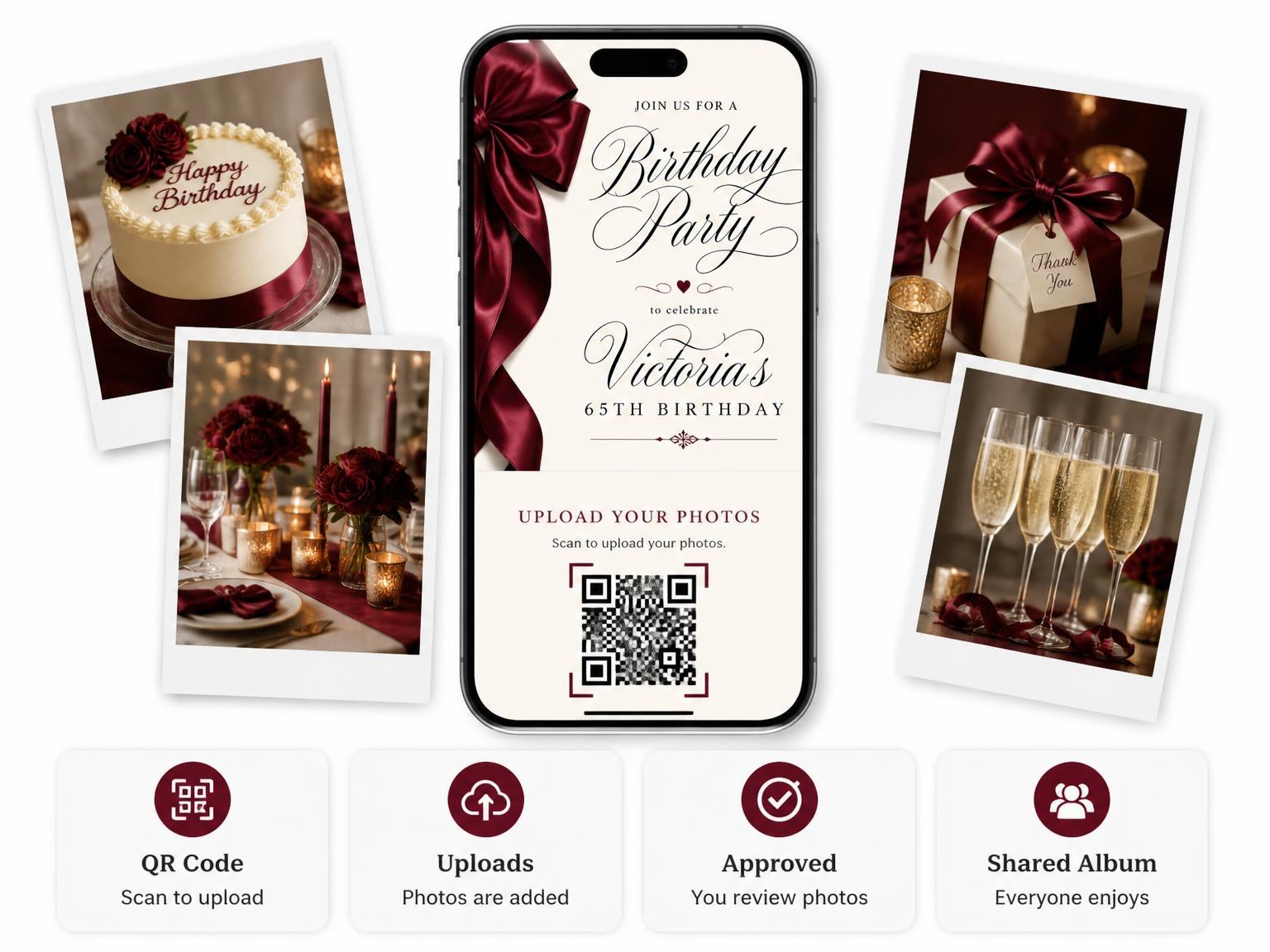The shared photo gallery that comes with the Burgundy Satin Bow 65th Birthday Invitation invitation