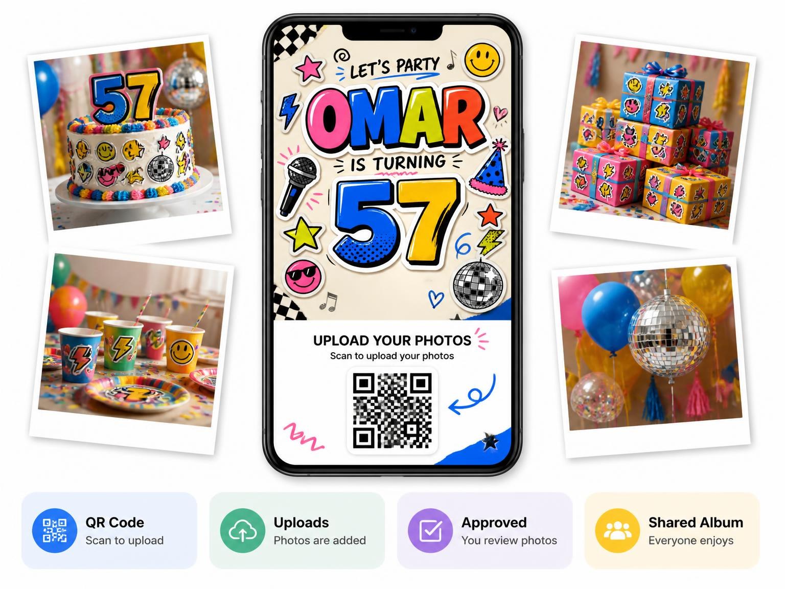 The shared photo gallery that comes with the Sticker Pop 57th Birthday Invitation invitation