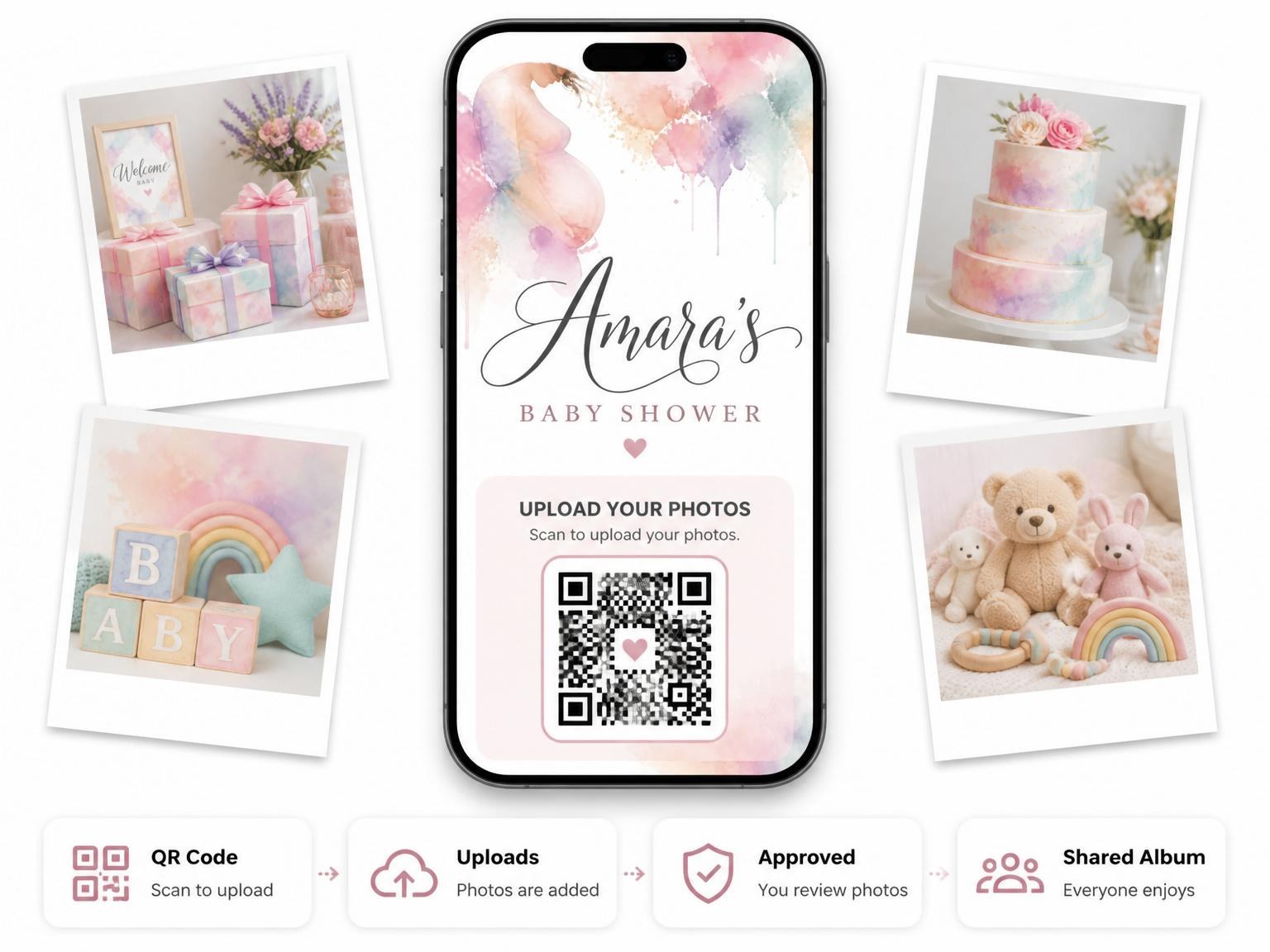 The shared photo gallery that comes with the Watercolor Pregnant Silhouette Baby Shower invitation
